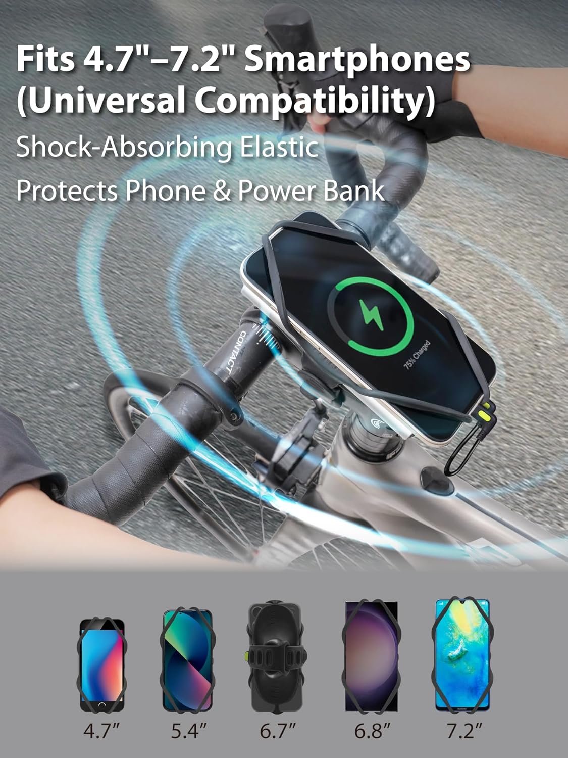 Bone Bike Tie 6 Pro-Pack, Bicycle Phone and Charger Mount for Stem, Scratch-Free & Shock-Absorbing Silicone with Dual-Strap Protection, Cycling Phone Holder for 4.7"–7.2" Smartphones and Power Banks - Image 4