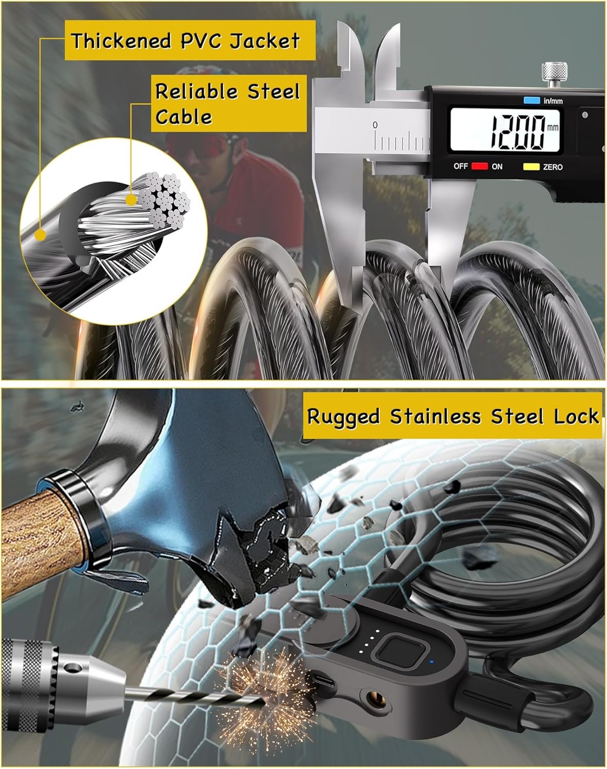 Eseesmart Bike Lock with Fingerprint, Bicycle Lock with Keys Fingerprint Bluetooth Control Digital Electronic Biometric, Heavy Duty Waterproof High Security Bike Locks Scooter Motorcycle Bicycle-Black - Image 6