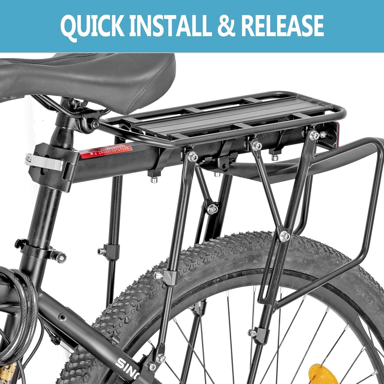 Rear Bike Rack,100KG Capacity Solid Bearings Bike Cargo Rack w/Fender & Large Size Reflective,Quick Release Mountain Road Bicycle Rear Racks,Universal Bike Luggage Touring Carrier Rack,BCR06-EU - Image 5