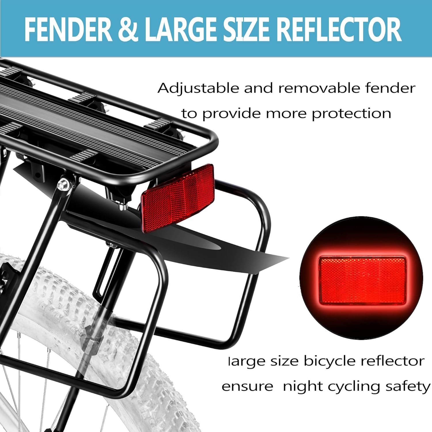 Rear Bike Rack,100KG Capacity Solid Bearings Bike Cargo Rack w/Fender & Large Size Reflective,Quick Release Mountain Road Bicycle Rear Racks,Universal Bike Luggage Touring Carrier Rack,BCR06-EU - Image 6