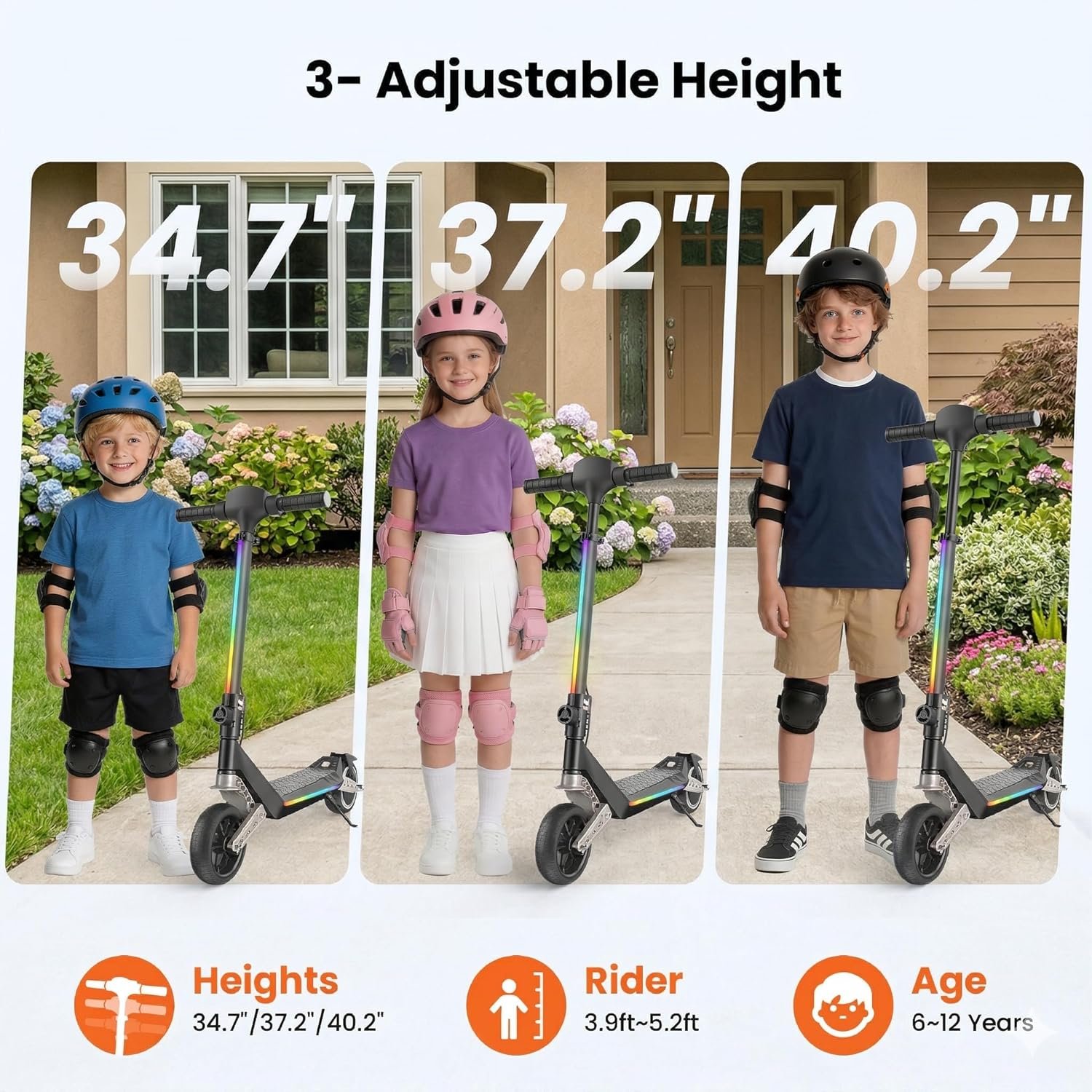 Electric Scooter for Kids, 6.5"Foldable E-Scooter for Ages 6-12 with Brakes & Dual Suspension, Up to 16 KM/H, Range 9 KM, Colorful LED Lights, Electric Scooter for Boys Girls - Image 3