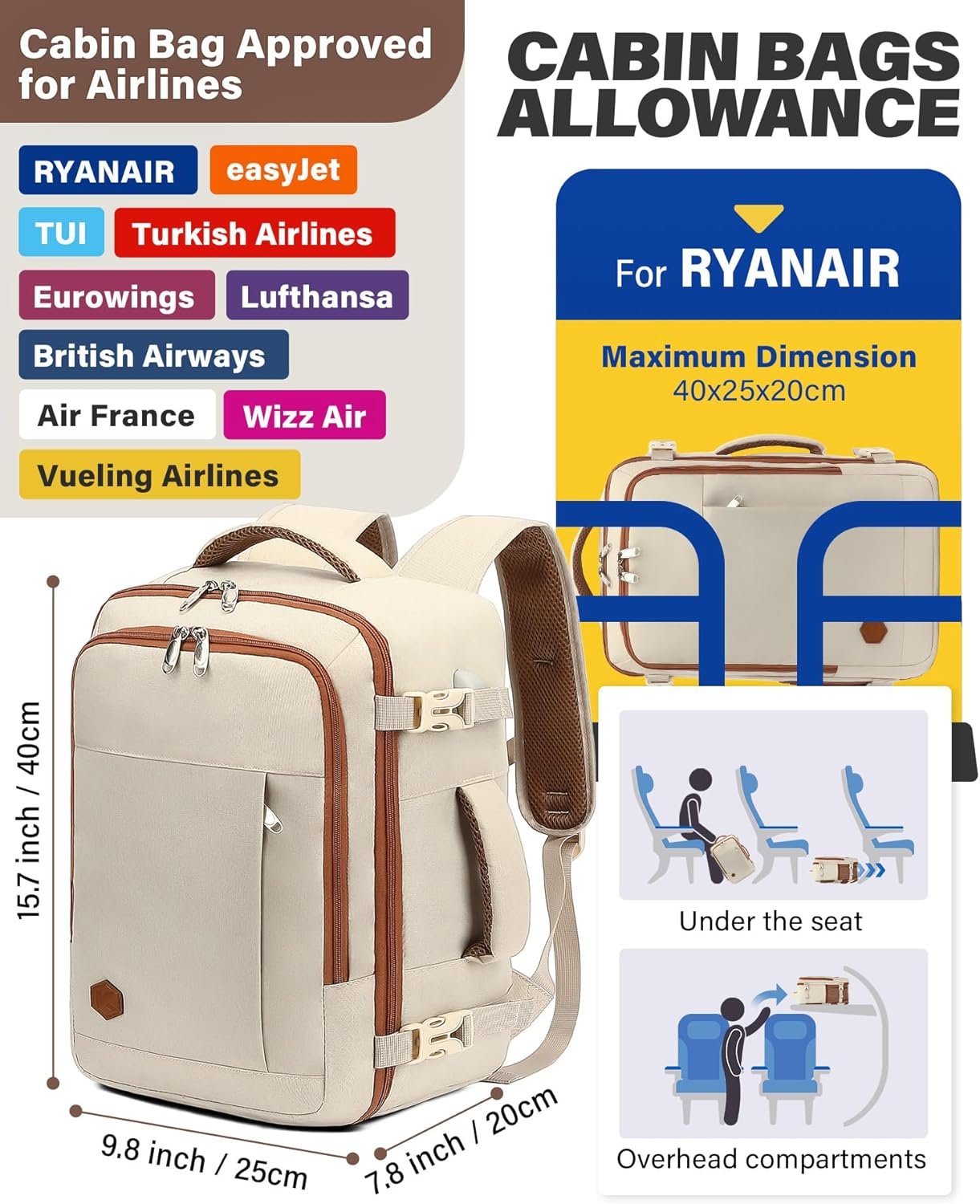 VANKEV Ryanair Cabin Bag 40x20x25 Underseat 20L Travel Bag Hand Luggage Backpack Carry-ons Bag Cabin Size Suitcases for Airplanes Flight Bag Travel Ruscksack Fit 14 Inch Laptop Beige - Image 3