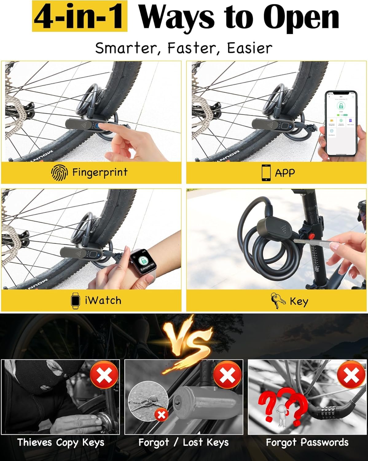 Eseesmart Bike Lock with Fingerprint, Bicycle Lock with Keys Fingerprint Bluetooth Control Digital Electronic Biometric, Heavy Duty Waterproof High Security Bike Locks Scooter Motorcycle Bicycle-Black - Image 2