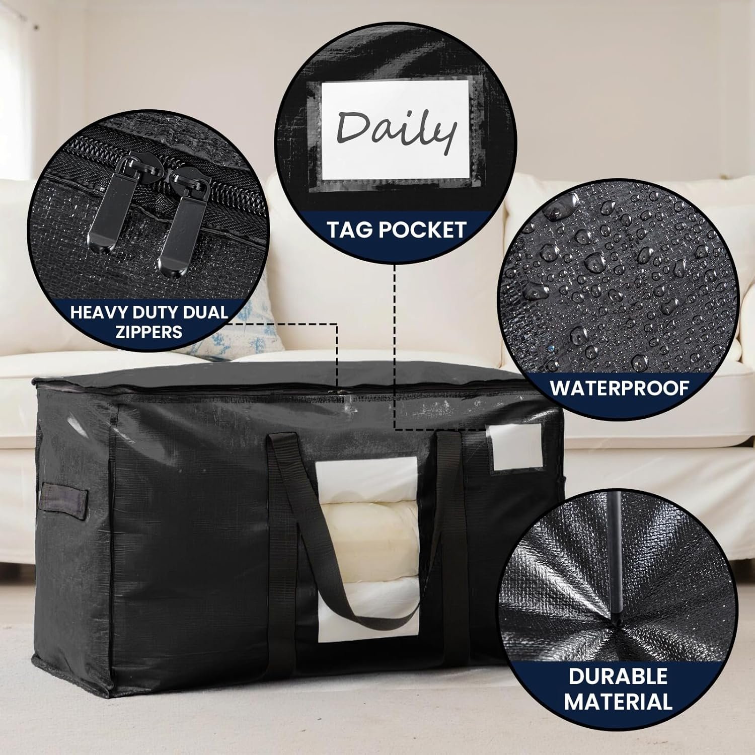 TAILI Moving Bags Extra Large Heavy Duty 4 Pack Storage Bags with Zips, Clear Window & Reinforced Handles, Black Storage Bags with Lid for Clothes,Moving,Travel,Beddings,Duvets - Image 7