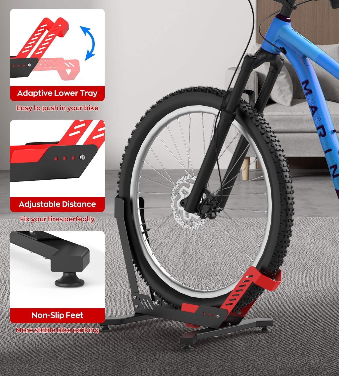 IMAYCC Professional Bike Stand Floor, Bike Stand for Indoor Cycling, Bike Rack for Garage/Home -Storage Bicycle Parking Rack Fit 26”-29”Mtb/Dirt/Road/Mountain(Red/Black) - Image 5