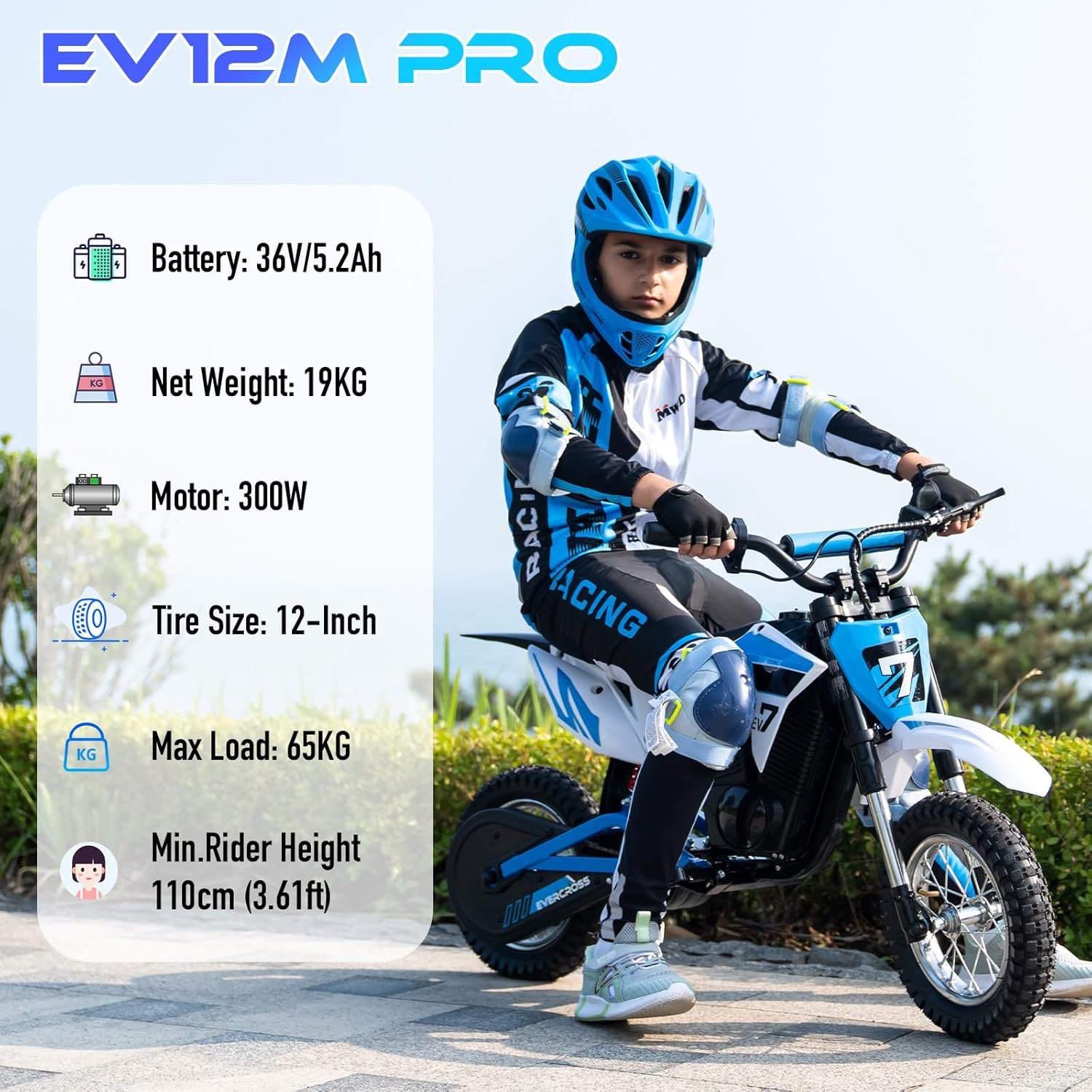 EVERCROSS EV12M PRO Kids Ride On Motorcycle, Electric Motorcycle with 300W Motor, 11.18Miles Long-Range, 12'' Pneumatic Tire, Bluetooth Music, Colorful Lights, Motor Cross for 110cm+ Height - Image 2