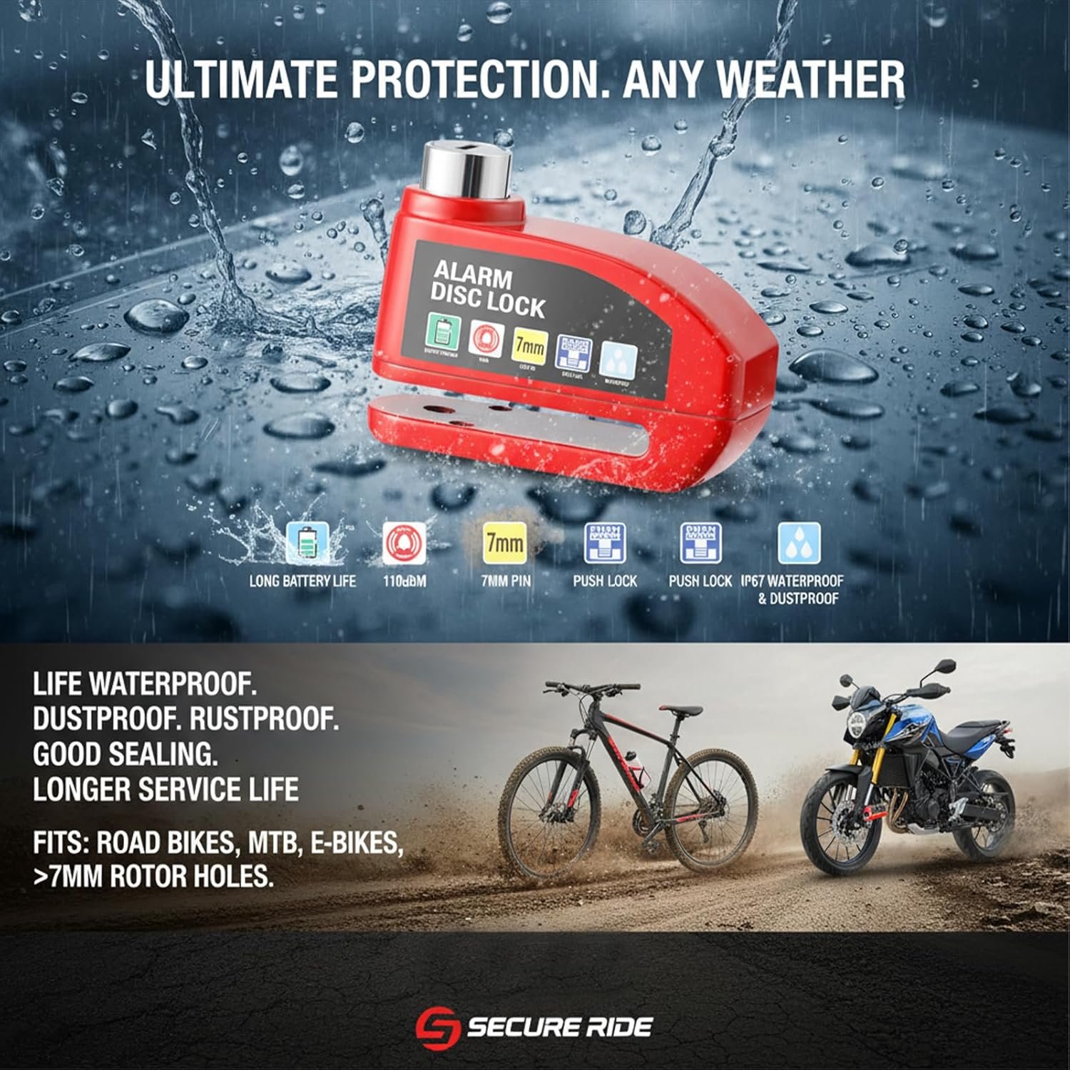 Disc Lock with Alarm, Bike Motorbike Lock, Anti-Theft Security Lock for Bicycle, Electric Bike, Scooter, 110dB Loud Alarm, Waterproof, Reminder Cable Included (Black) - Image 2