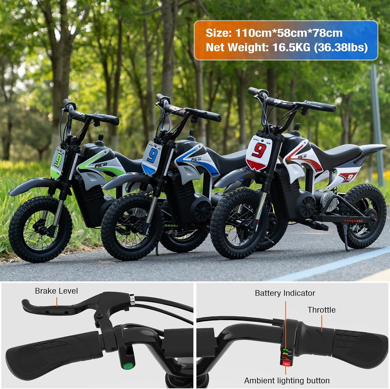 RCB R9X PRO Kids Ride On Motorcycle, Electric Motorbike with 350W Motor, 6.2/9.3/15.5mph Speed Modes & 9.94Miles Long Range, Ambient lighting, Dual Suspension, 12" Motor Cross for Kids Aged 6+ - Image 7
