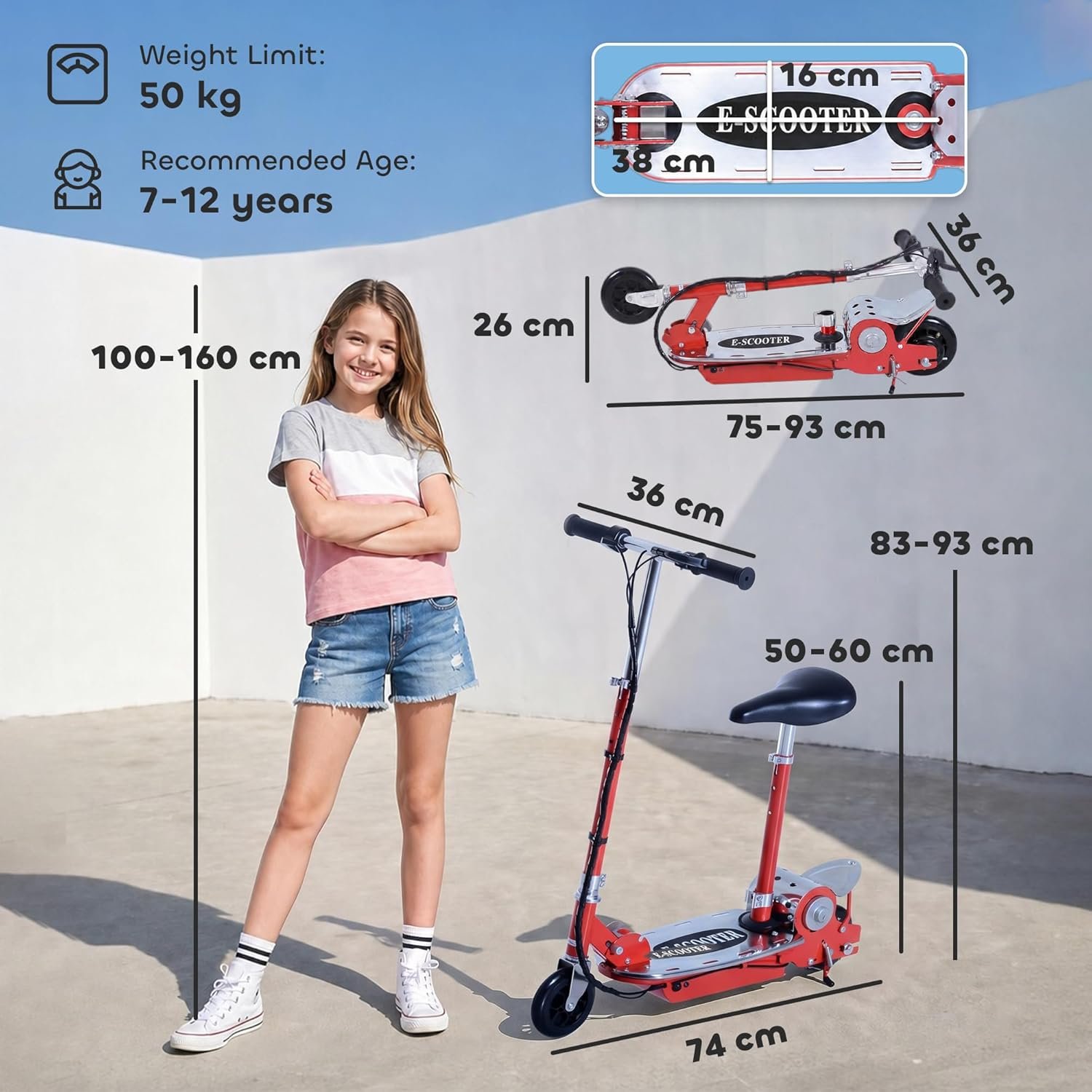 HOMCOM Electric Scooter for Kids, Folded Powdered Scooters for Ages 7-12 Years w/ 120W Motor, Up to 10km/h, 8km Range, Adjustable Ride on Toy - Image 8
