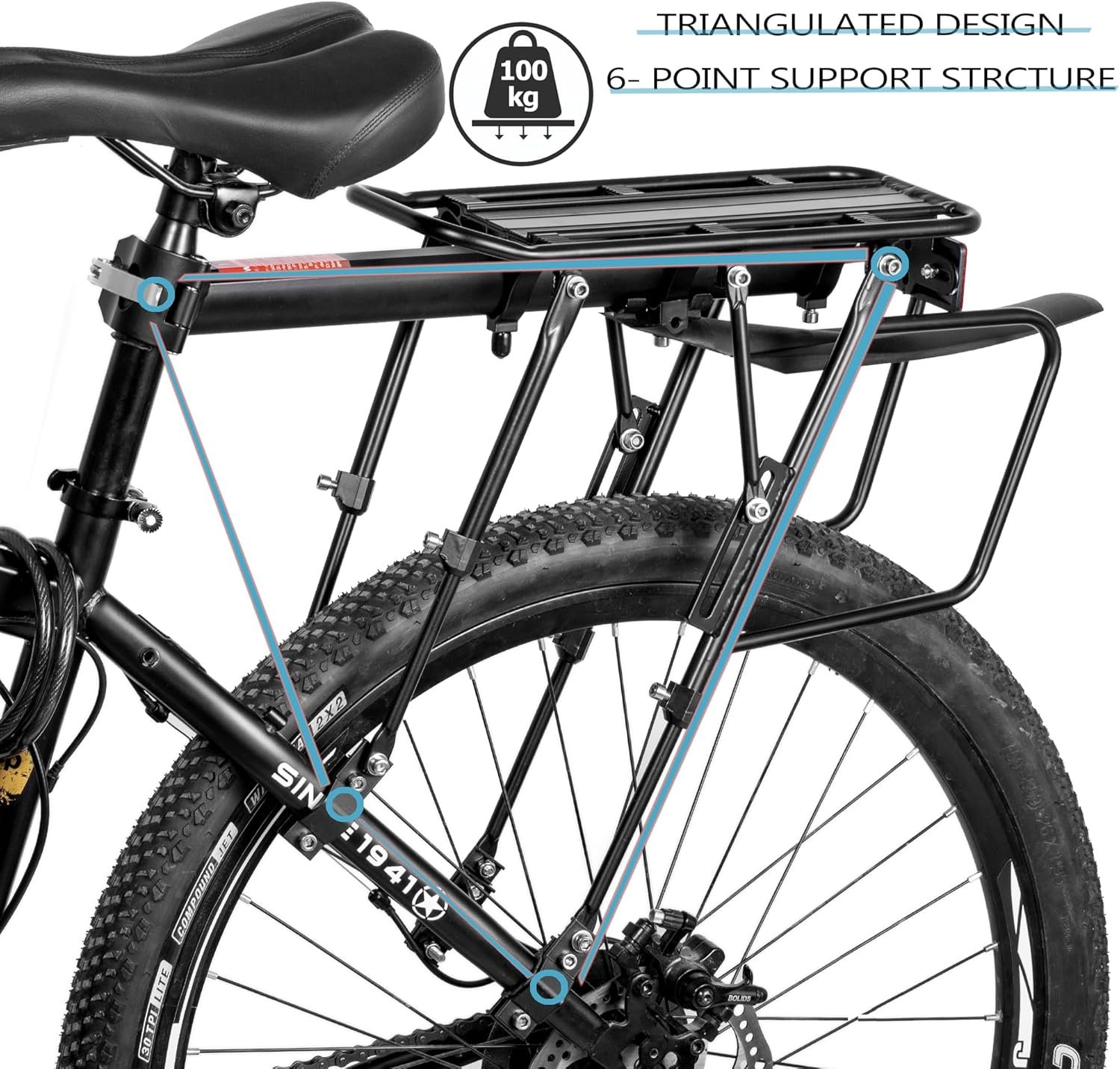 Rear Bike Rack,100KG Capacity Solid Bearings Bike Cargo Rack w/Fender & Large Size Reflective,Quick Release Mountain Road Bicycle Rear Racks,Universal Bike Luggage Touring Carrier Rack,BCR06-EU - Image 3