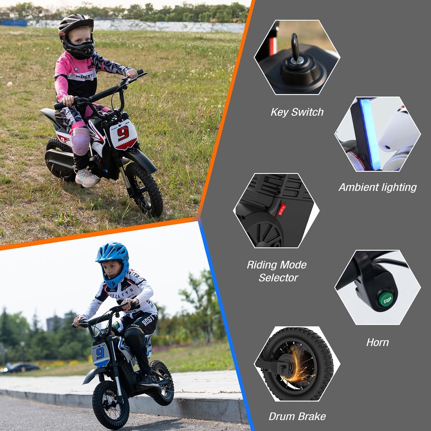 RCB R9X PRO Kids Ride On Motorcycle, Electric Motorbike with 350W Motor, 6.2/9.3/15.5mph Speed Modes & 9.94Miles Long Range, Ambient lighting, Dual Suspension, 12" Motor Cross for Kids Aged 6+ - Image 6