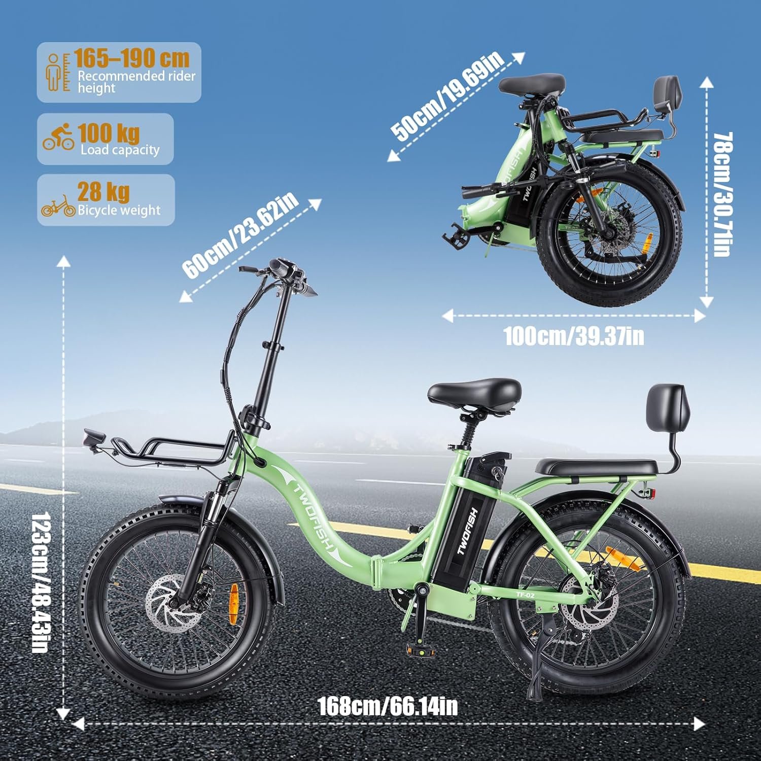 TWOFISH Electric Bike for Adults, 20"*3.0" Fat Tire Folding Electric Bicycle with 36V 17.8AH Removable Battery 7 Speed 25km/h 80-100km Range Disc Brake IP54 Waterproof, TF-2 - Image 8