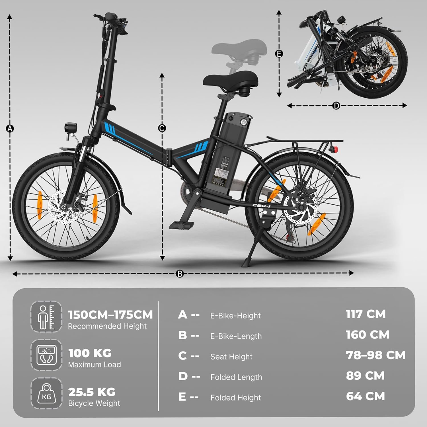 Electric Bike, 20"/14" Folding Electric Bike with 48V/36V Battery, 45-65 KM Range, 250W Powerful Motor, 7 Speed, EBike LCD Display, Commuting Folding Bike, Electric Bikes for Adults and Teens - Image 5