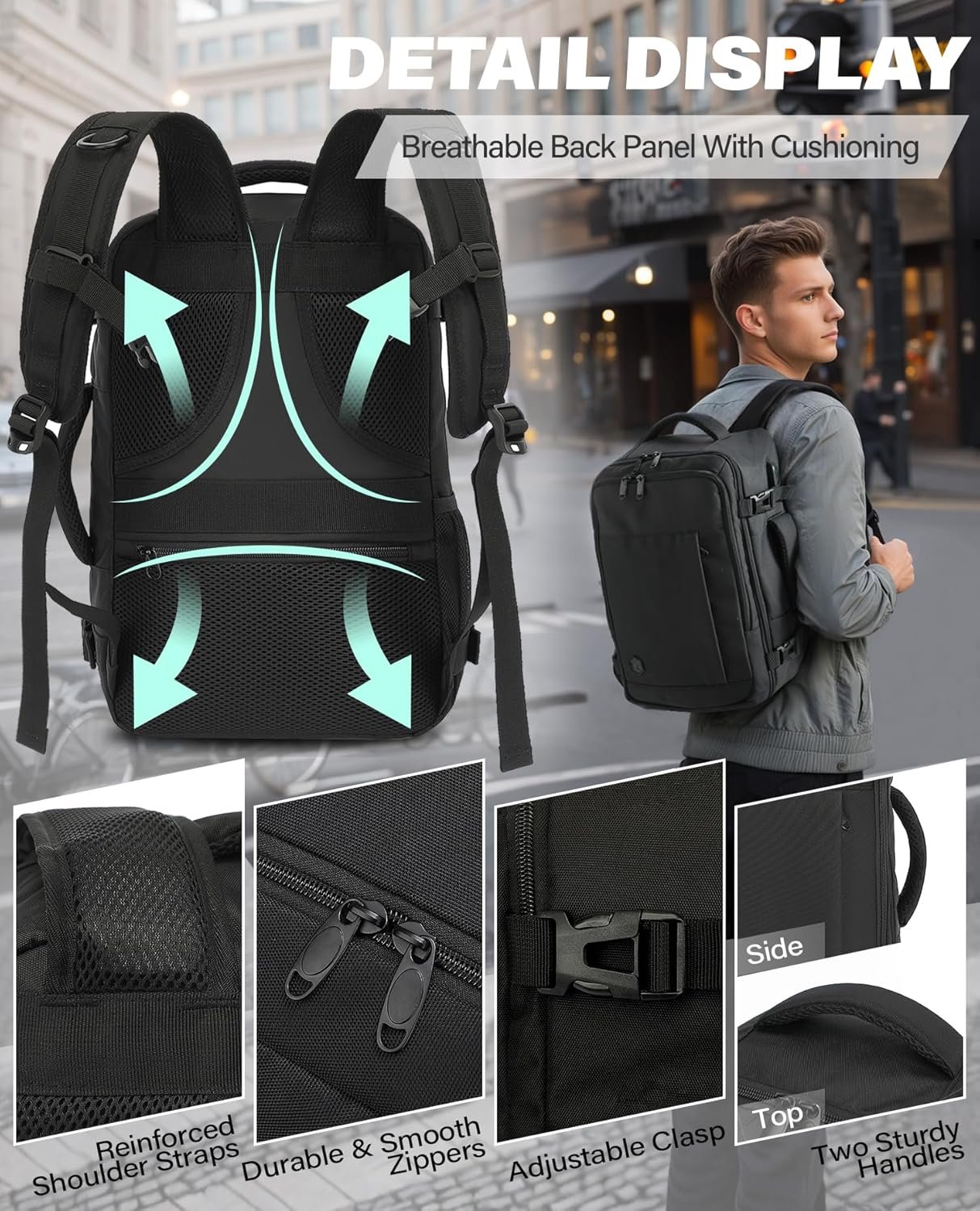 VANKEV Ryanair Cabin Bag 40x20x25 Underseat 20L Travel Bag Hand Luggage Backpack Carry-ons Bag Cabin Size Suitcases for Airplanes Flight Bag Travel Rucksack Fit 14 Inch Laptop Black - Image 5