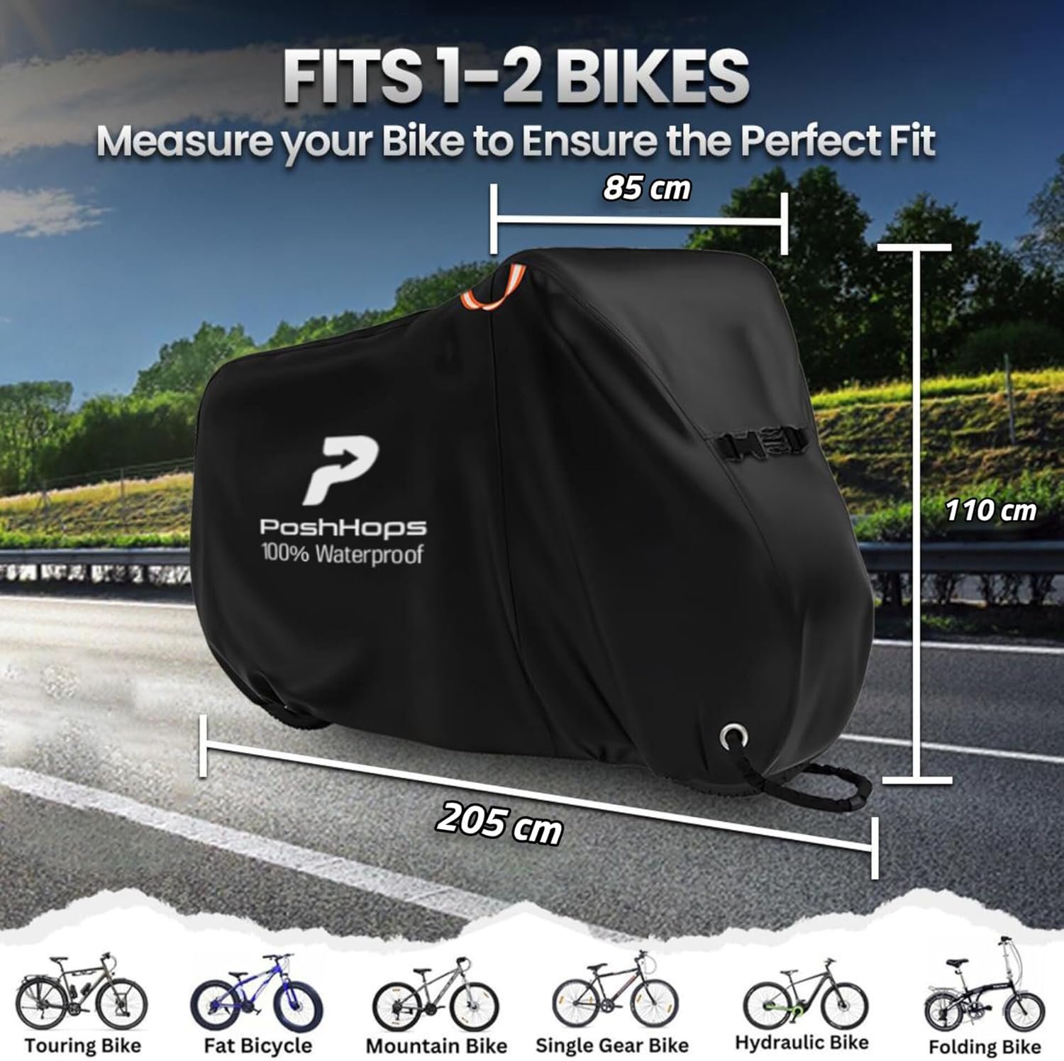 Poshhops Heavy duty Bike Cover for 1-2 Bikes, 600D Bike Covers for Outside Storage with Lock Holes, Bicycle Cover Waterproof Outdoor with Bike Storage Bag, Anti-UV, Windproof for Mountain & E-Bike - Image 2