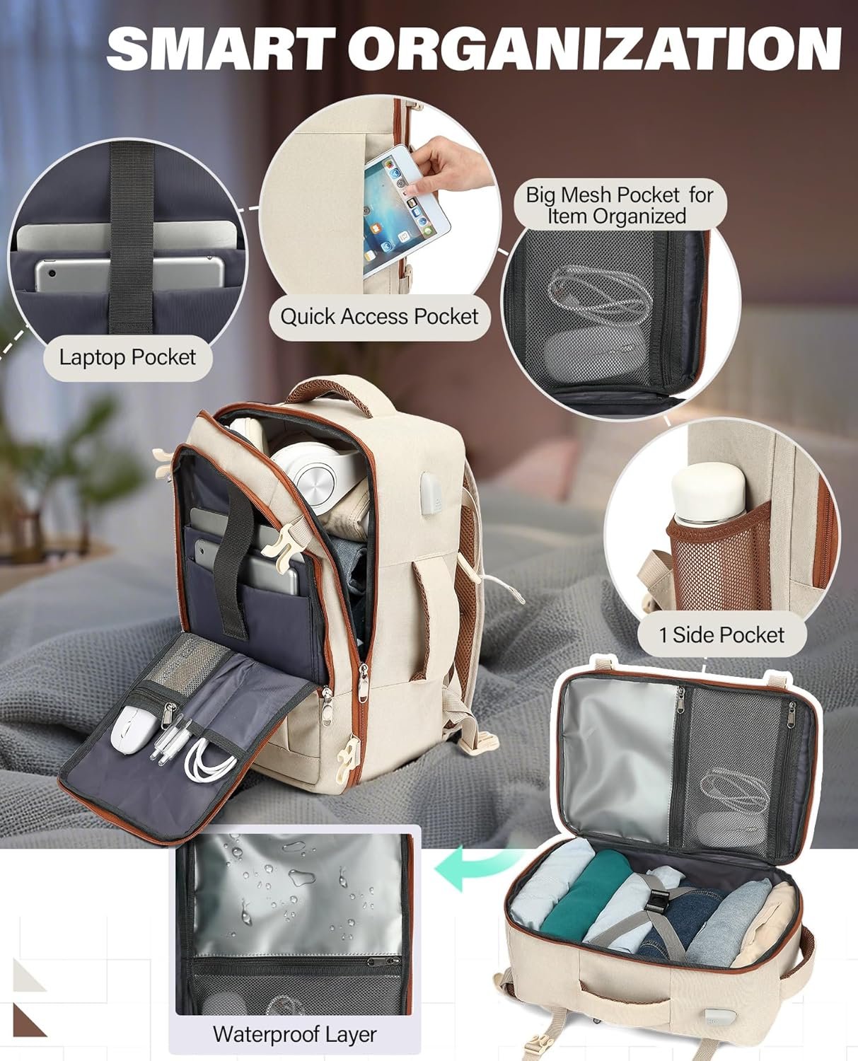 VANKEV Ryanair Cabin Bag 40x20x25 Underseat 20L Travel Bag Hand Luggage Backpack Carry-ons Bag Cabin Size Suitcases for Airplanes Flight Bag Travel Ruscksack Fit 14 Inch Laptop Beige - Image 4