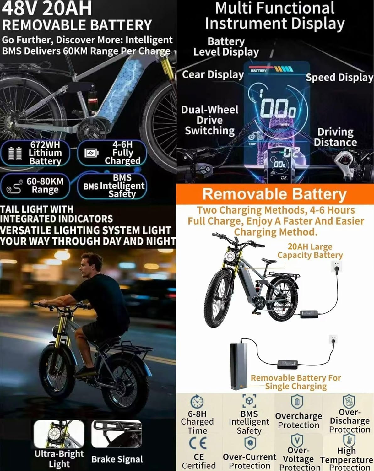 Rexhan 26” Electric Bike, 26 Inch E Hybrid Bike, 48V 20AH Removable Battery, Powerful Motor, Throttle, Dual Suspension, Hydraulic Brakes, 60-80 KM Range, Aluminium Frame, Cruise Control, Headlight - Image 5