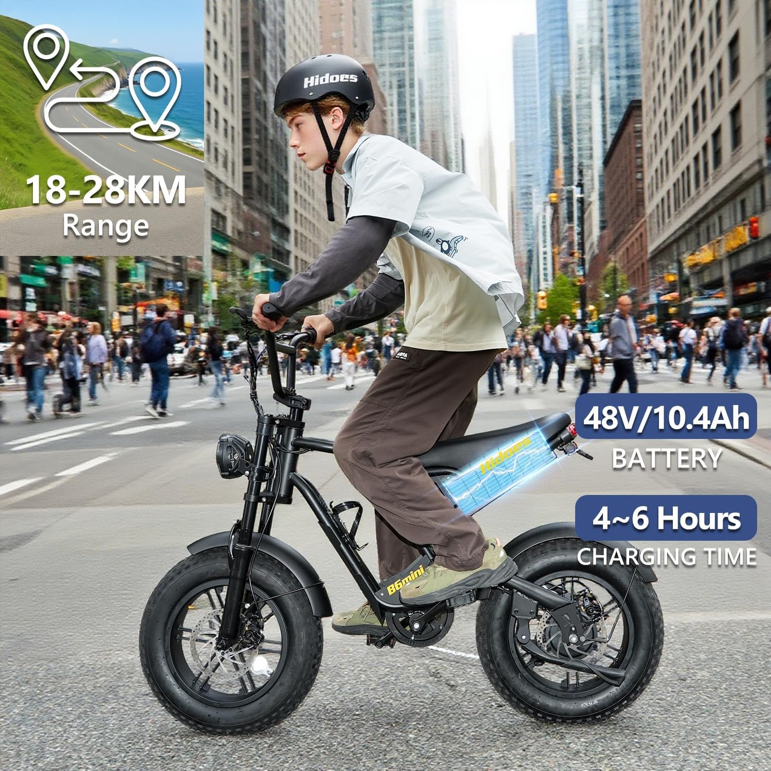 Kanpe 20" * 4" Electric Bikes for Adults,Hidoes B6 Road Bike Electric Mountain Bike with 48V 15.6Ah Removable Battery, 80KM Range,7-Speed,LCD Display,Fat Tyre E-bike with Dual Suspension - Image 2