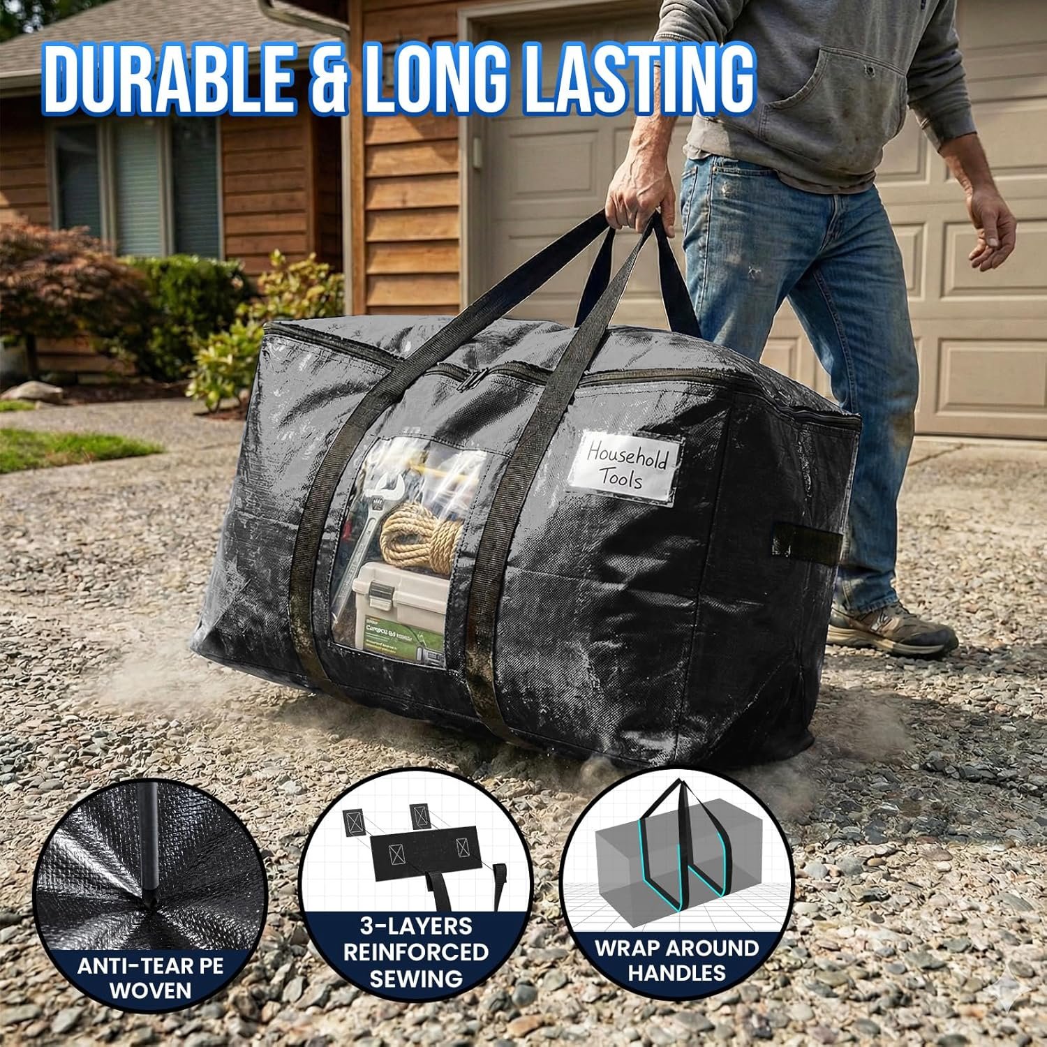 TAILI Moving Bags Extra Large Heavy Duty 4 Pack Storage Bags with Zips, Clear Window & Reinforced Handles, Black Storage Bags with Lid for Clothes,Moving,Travel,Beddings,Duvets - Image 4