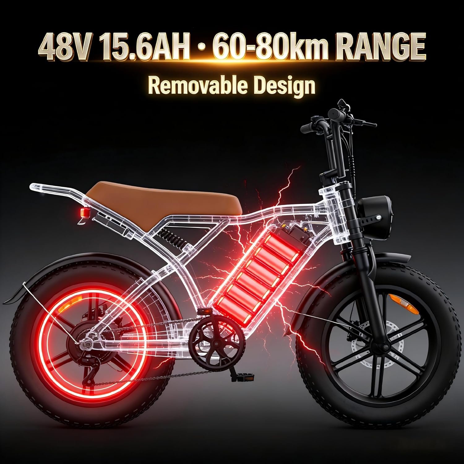 Electric Bike for Adults, 48V 15.6Ah Removable Battery Ebike with 20" Fat Tires, 7-Speed Shimano Gears, Front & Rear Suspension, Mechanical Disc Brakes, LED Headlight, 330LBS Capacity - Image 4