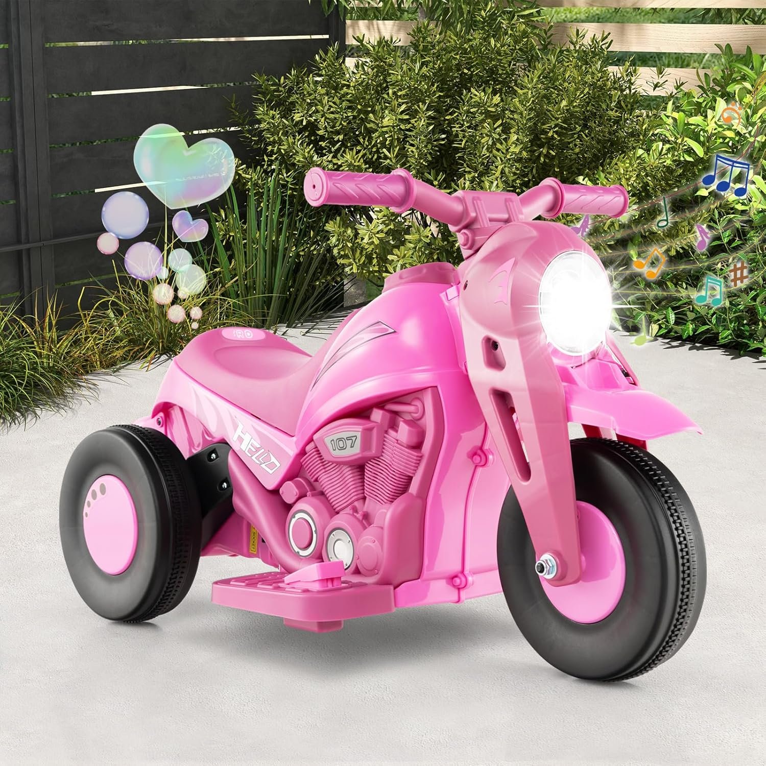 GYMAX Kids Electric Motorbike, 6V Ride on Motorcycle with Bubble Maker, Music, Headlights, Forward & Backward, 3 Wheels Children Motor Bike for 3 Years Old+ Boys Girls (Pink), 81 x 36 x 43 cm - Image 8