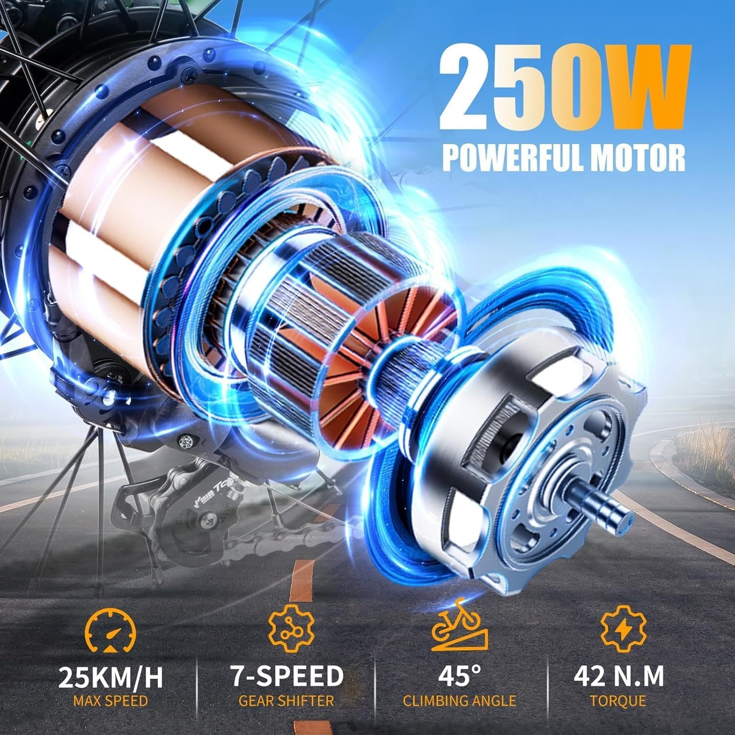 TWOFISH Electric Bike for Adults, 20"*3.0" Fat Tire Folding Electric Bicycle with 36V 17.8AH Removable Battery 7 Speed 25km/h 80-100km Range Disc Brake IP54 Waterproof, TF-2 - Image 2