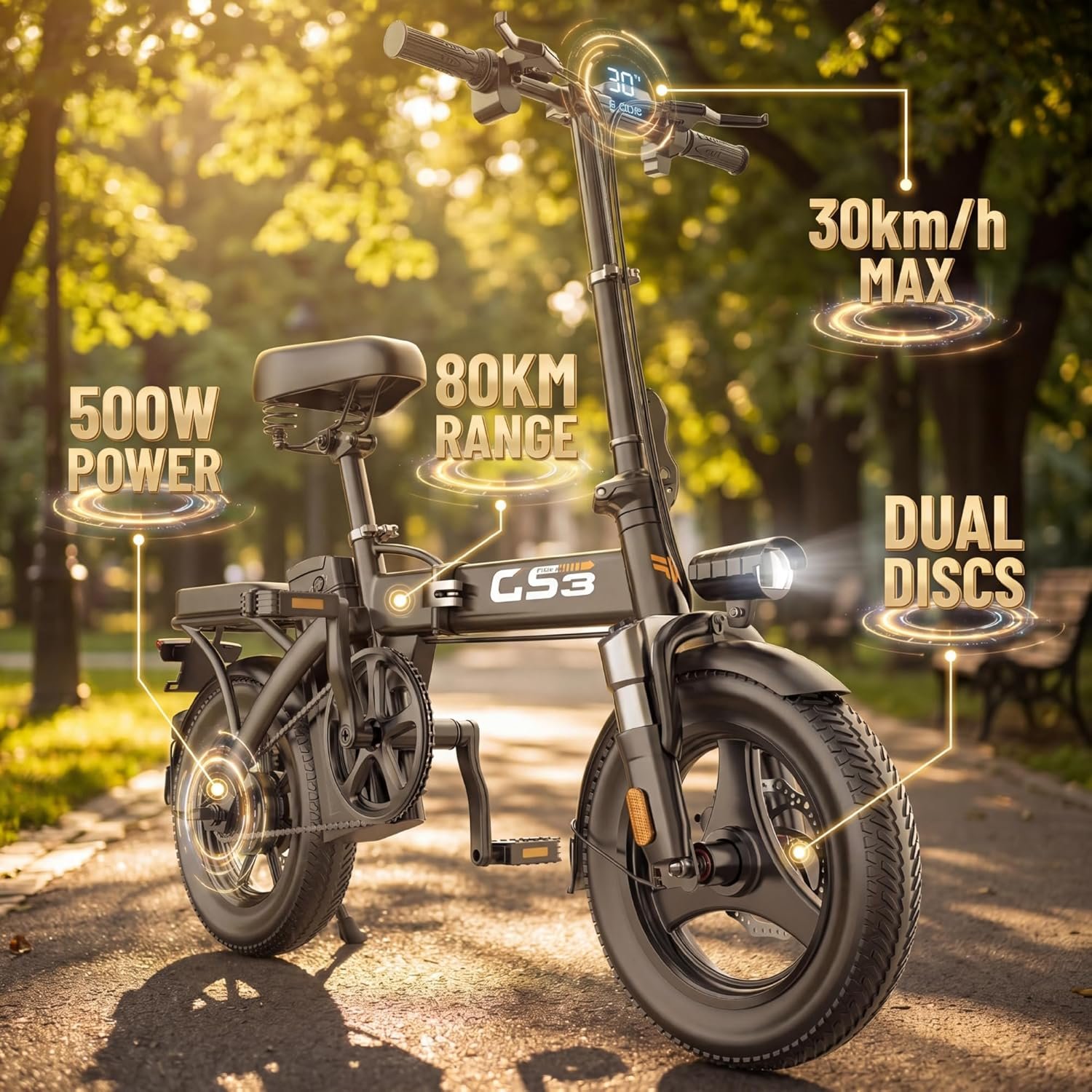 Electric Folding Bike for Adults,48V 15AH, 30-40KM Range Lightweight 22.5kg Frame, 14" Tires Front Suspension Disc Brakes, Pedal Assist Electric Hybrid Bike with LED Headlight Removable Basket - Image 2