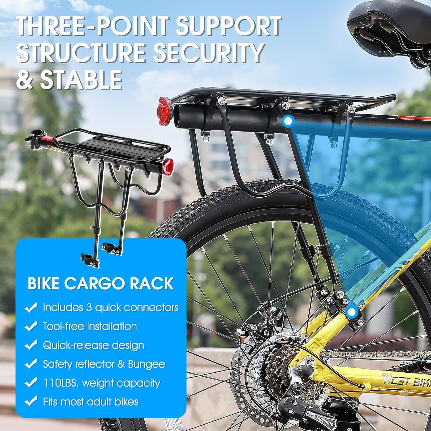 West Biking Rear Bike Rack - Adjustable Pannier Rack, 50 KG Load Capacity, Aluminum Alloy Luggage Carrier With Reflector for Cycling and Commuting - Image 4