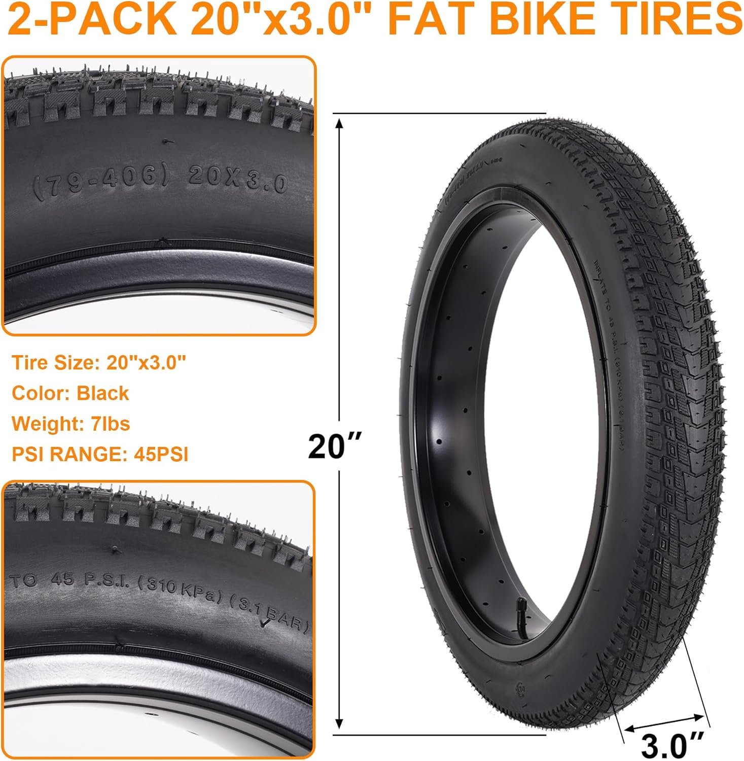 2-Pack 20x3.0 Bike Tires & Tubes, 20 Inch Mountain Bike Tire, 20x3 Bike Tire Tube with Tire Levers, Folding Replacement Bicycle Tires for Off-Road Bike and Ebike(UK) - Image 2