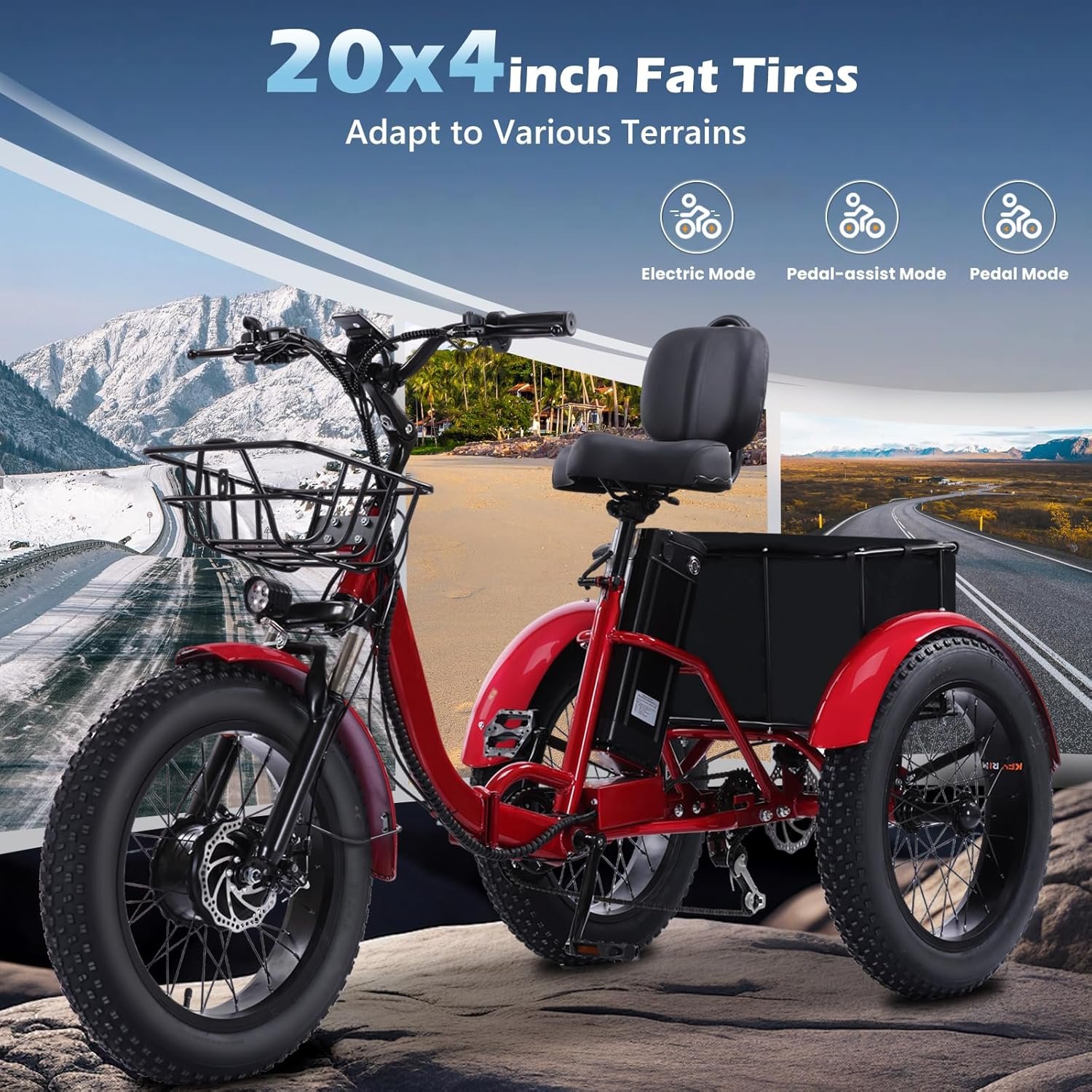 Adult Electric Tricycle 20-inch Non-Folding/Folding 7-Speed Tricycle with Large Capacity Basket 48V 15Ah/15.6Ah Lithium Battery PAS Miles - Image 3