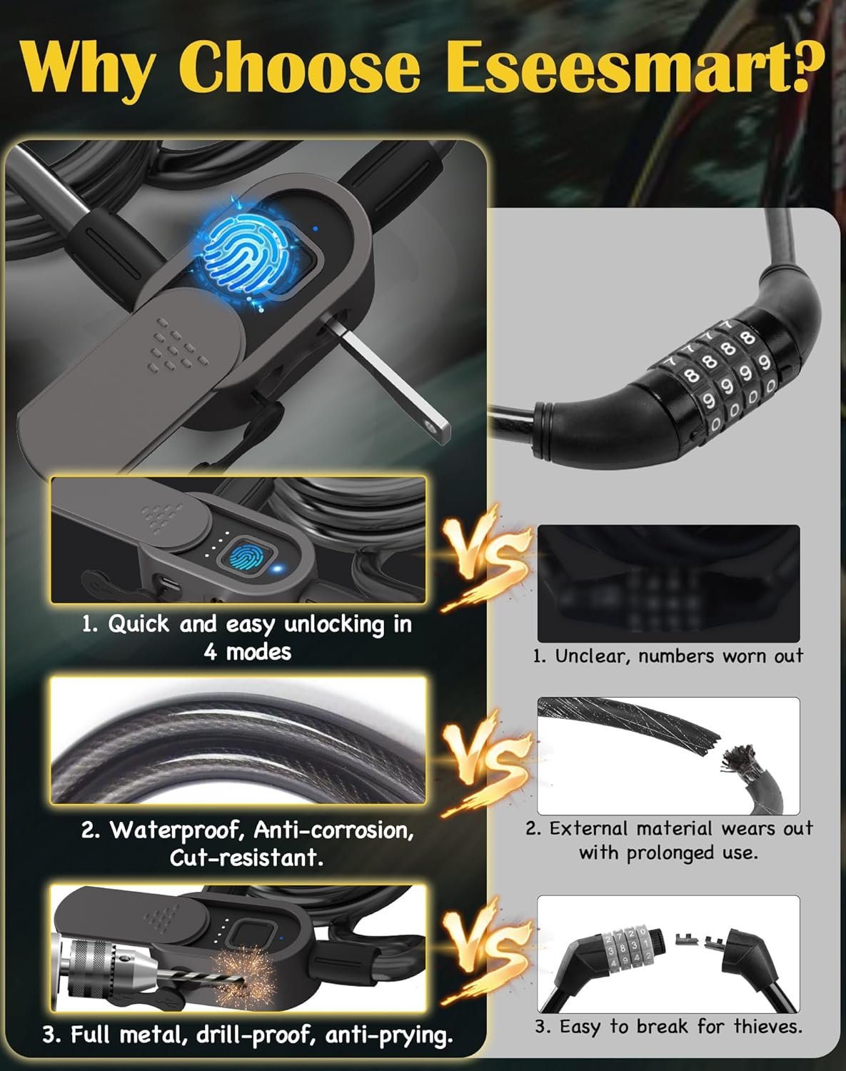 Eseesmart Bike Lock with Fingerprint, Bicycle Lock with Keys Fingerprint Bluetooth Control Digital Electronic Biometric, Heavy Duty Waterproof High Security Bike Locks Scooter Motorcycle Bicycle-Black - Image 4
