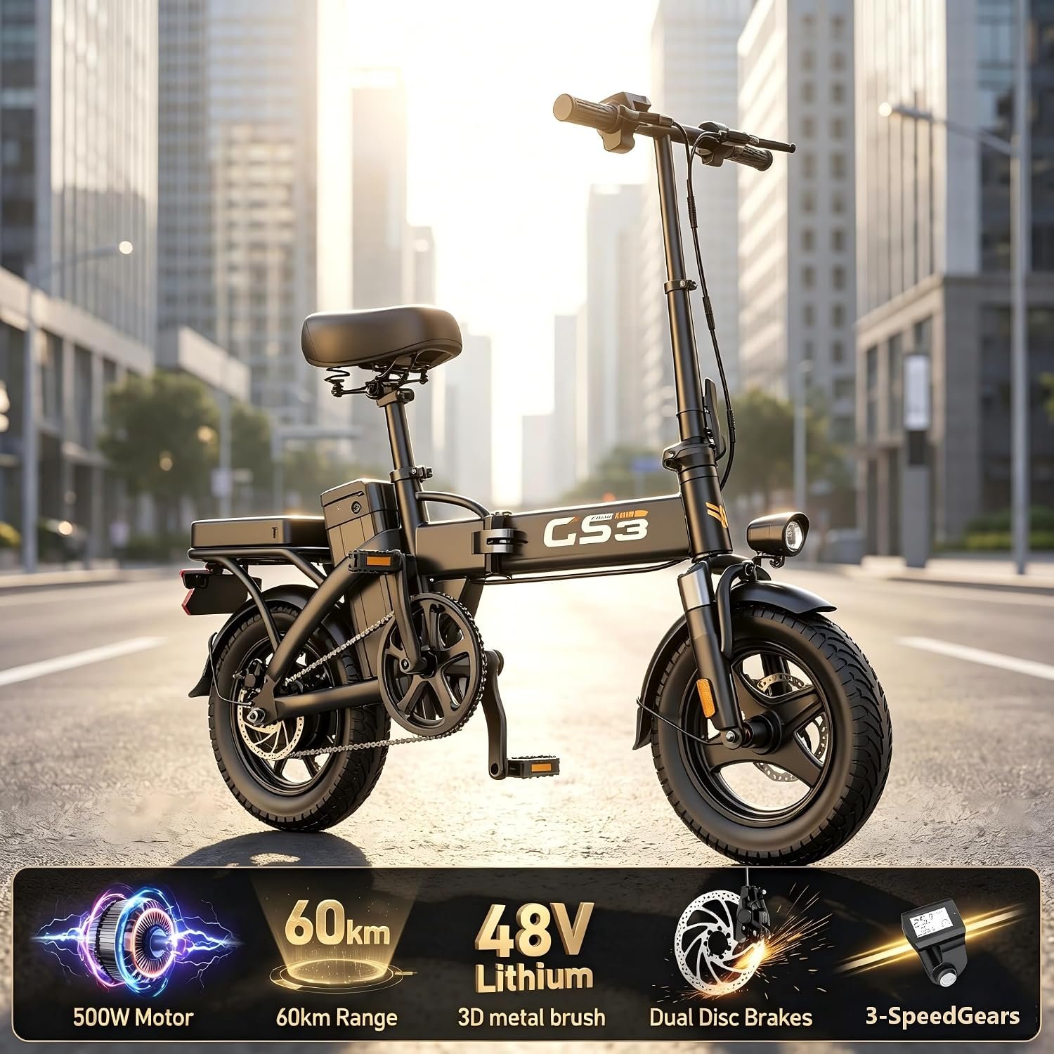 Electric Folding Bike for Adults,48V 15AH, 30-40KM Range Lightweight 22.5kg Frame, 14" Tires Front Suspension Disc Brakes, Pedal Assist Electric Hybrid Bike with LED Headlight Removable Basket - Image 3