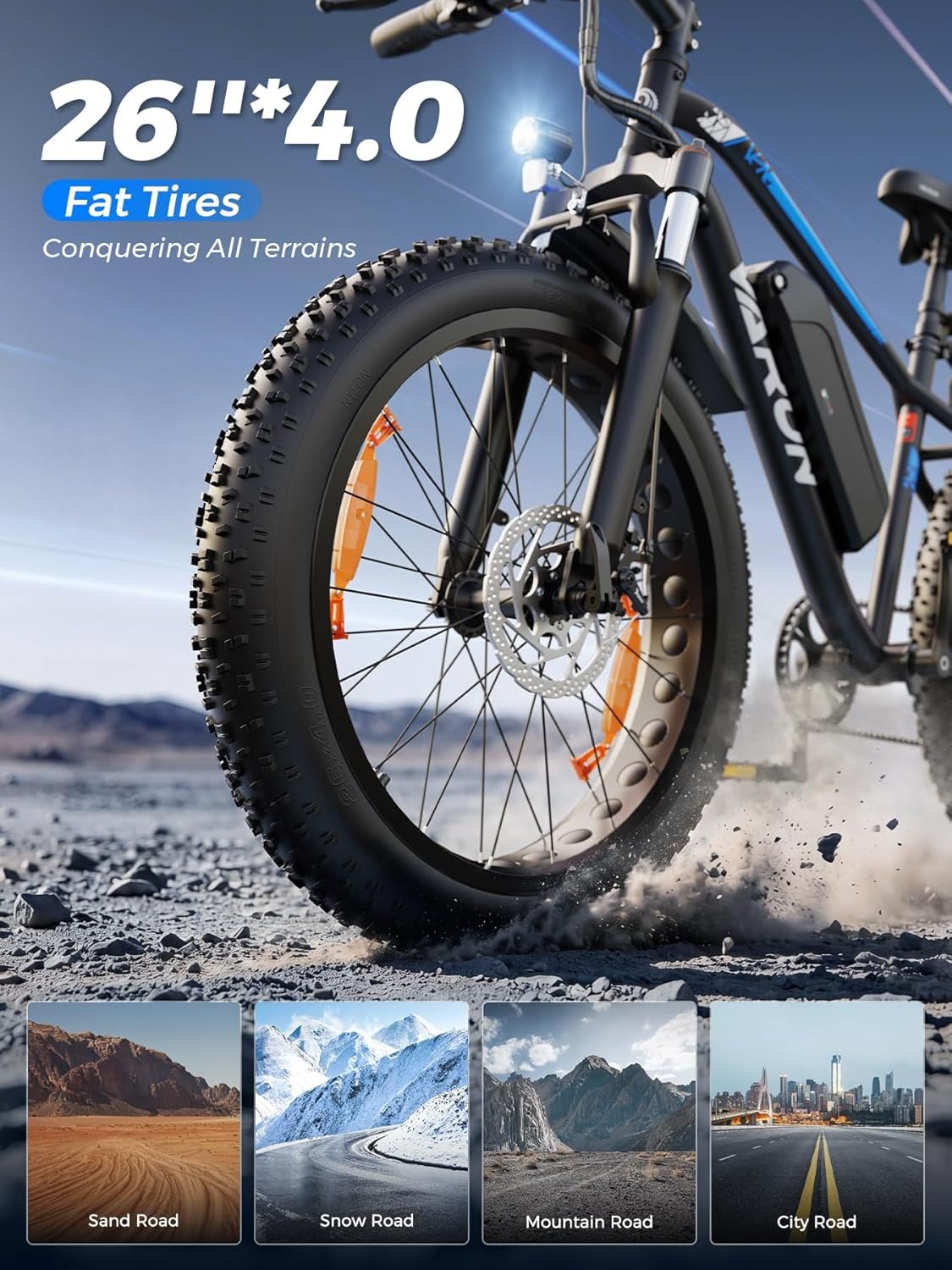 VARUN Electric Bikes for Adults, 26'' 4.0 Fat Tire E Bike with 48V 18AH/13AH Lithium Battery, 100-150KM Max Range, 250W Motor, LCD Display with 5 PAS, 7 Speed Electric Mountain Bike for All Terrains - Image 4