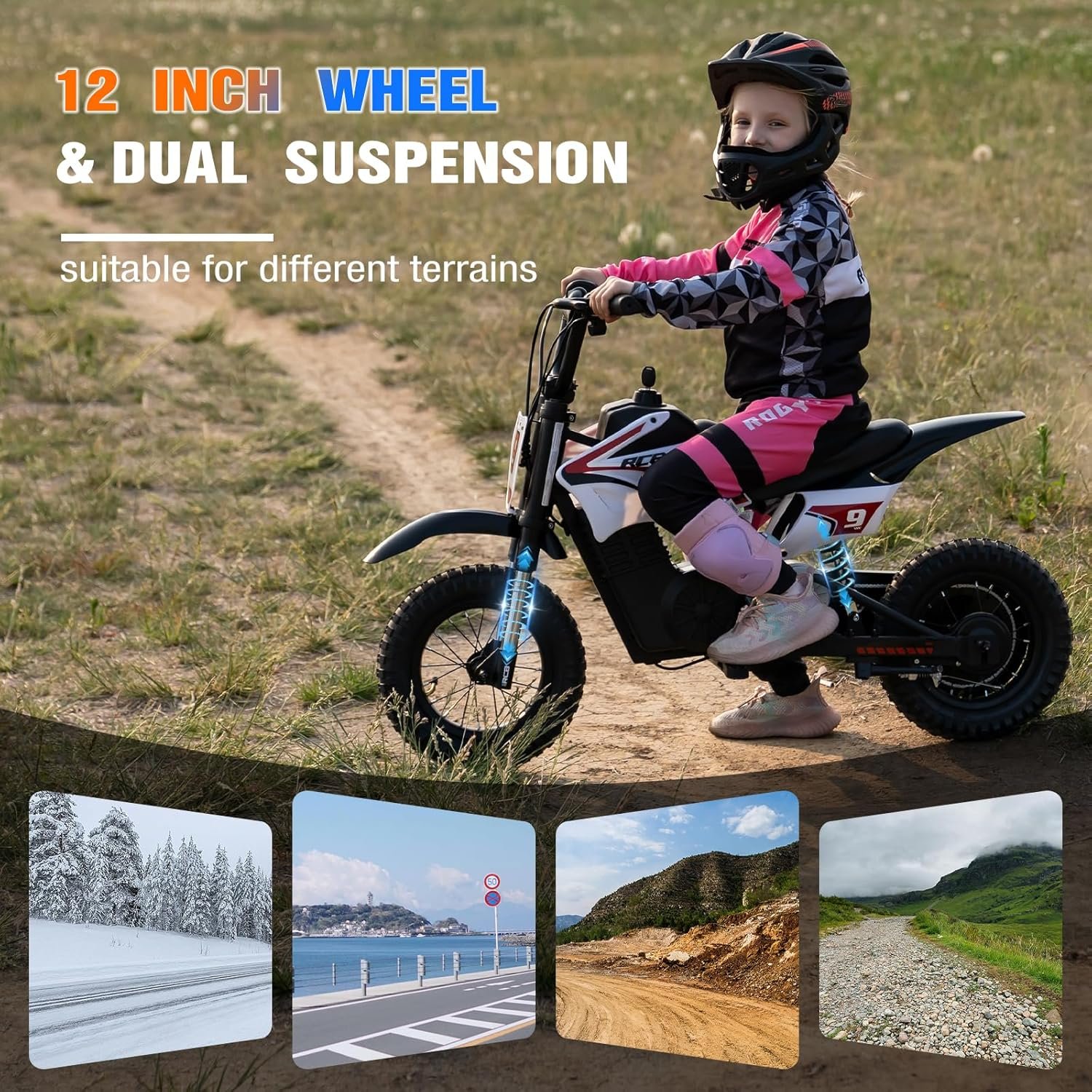 RCB R9X PRO Kids Ride On Motorcycle, Electric Motorbike with 350W Motor, 6.2/9.3/15.5mph Speed Modes & 9.94Miles Long Range, Ambient lighting, Dual Suspension, 12" Motor Cross for Kids Aged 6+ - Image 4