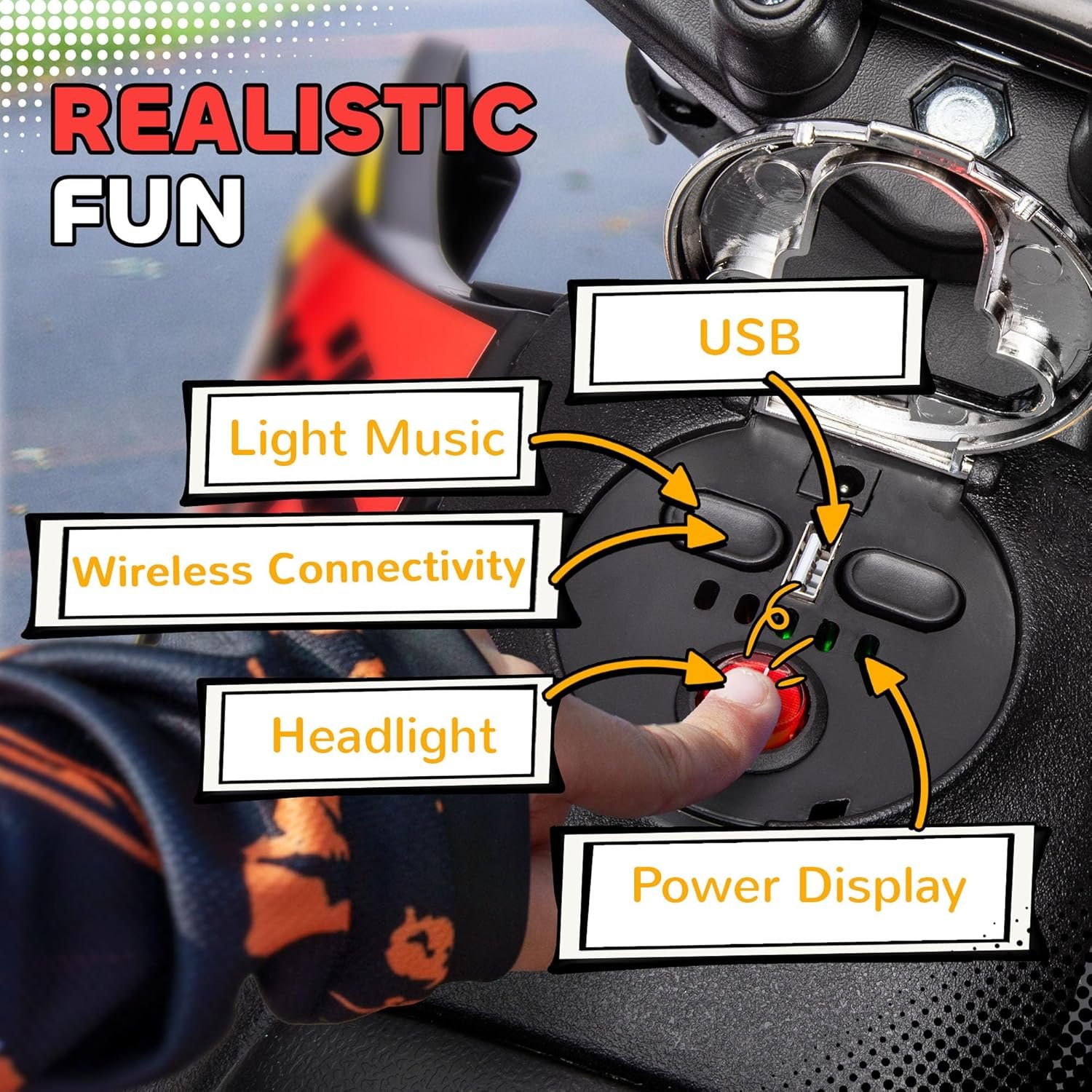 AIYAPLAY 12V Kids Motorcycle, Aprilia Licensed Electric Motorbike with Training Wheels, Spring Suspension, LED Light, Music, USB, Kids Electric Bike for Boys, Girls, Yellow/Black - Image 5