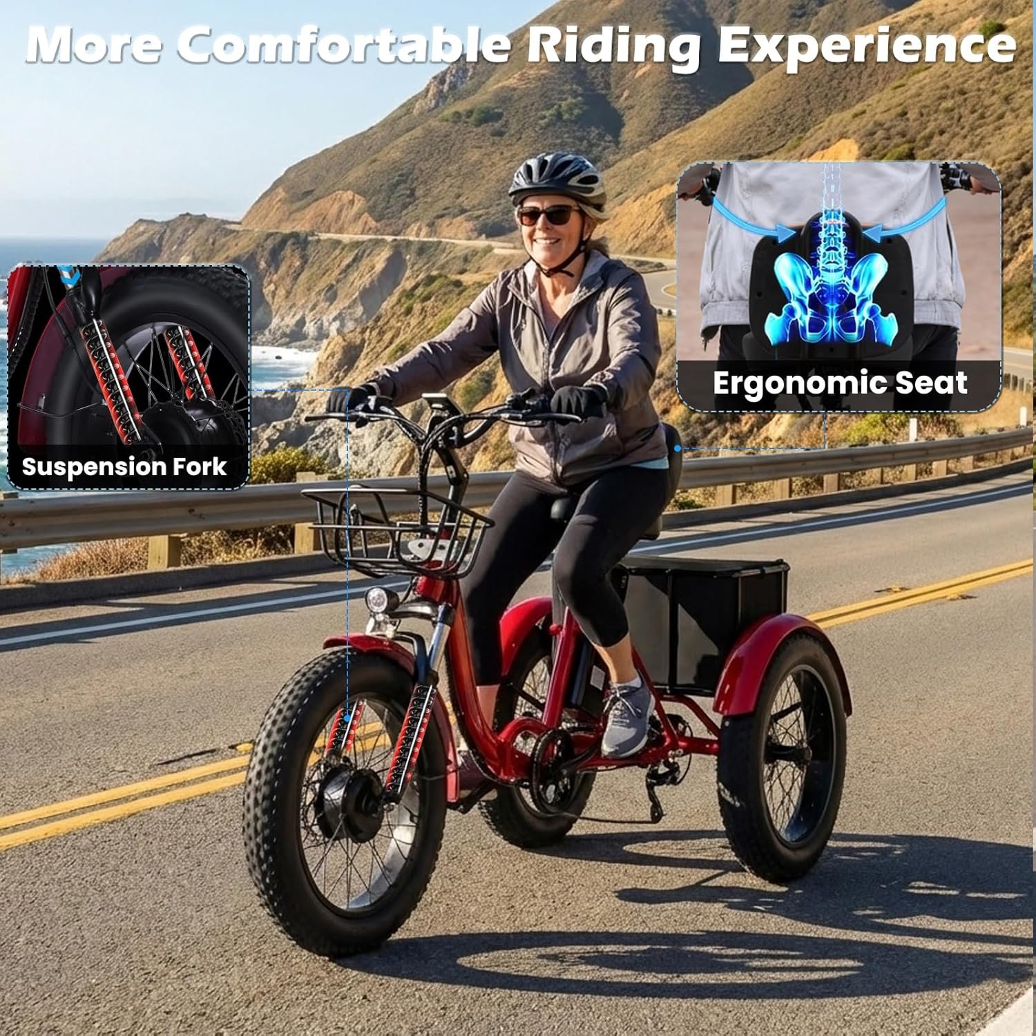 Adult Electric Tricycle 20-inch Non-Folding/Folding 7-Speed Tricycle with Large Capacity Basket 48V 15Ah/15.6Ah Lithium Battery PAS Miles - Image 4