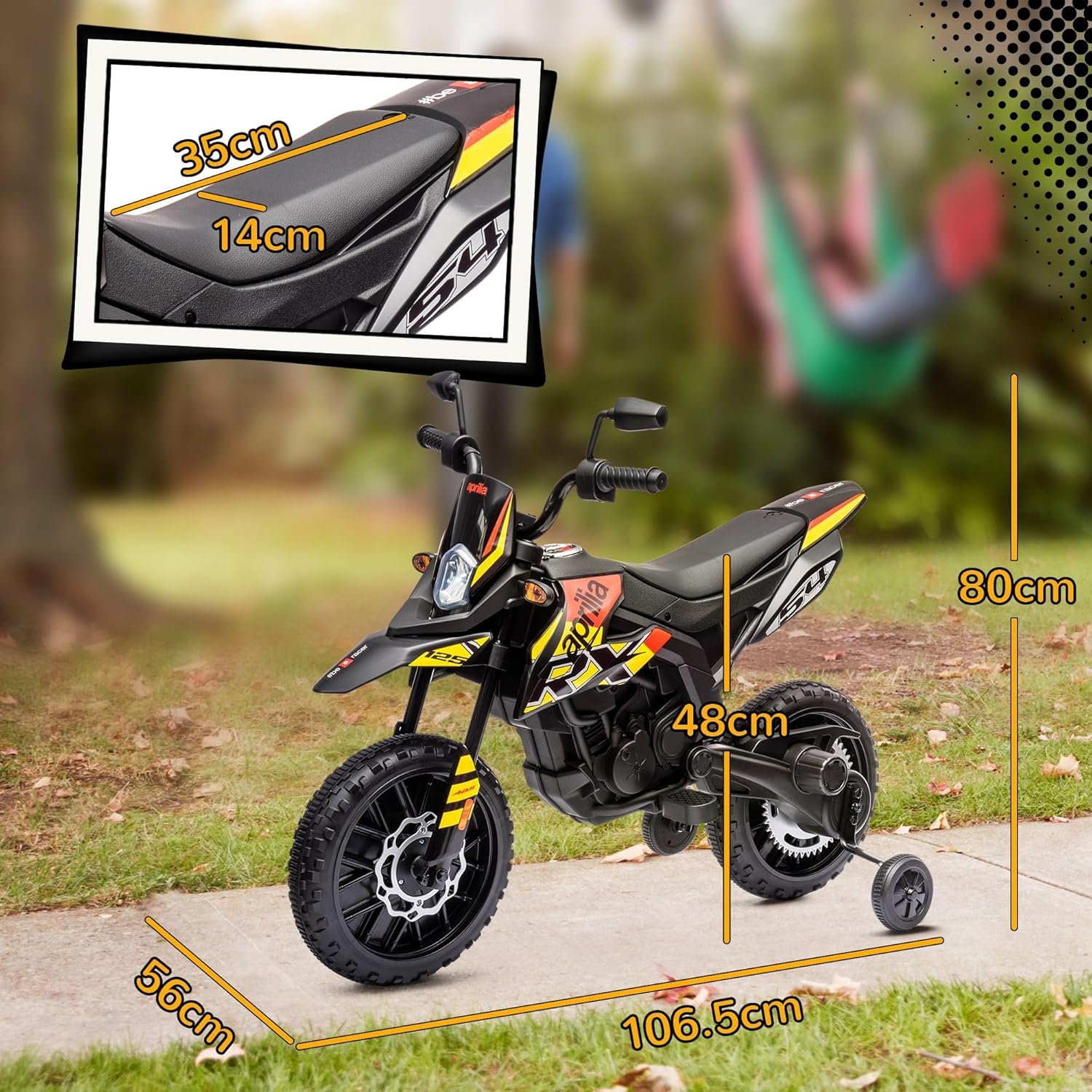 AIYAPLAY 12V Kids Motorcycle, Aprilia Licensed Electric Motorbike with Training Wheels, Spring Suspension, LED Light, Music, USB, Kids Electric Bike for Boys, Girls, Yellow/Black - Image 7