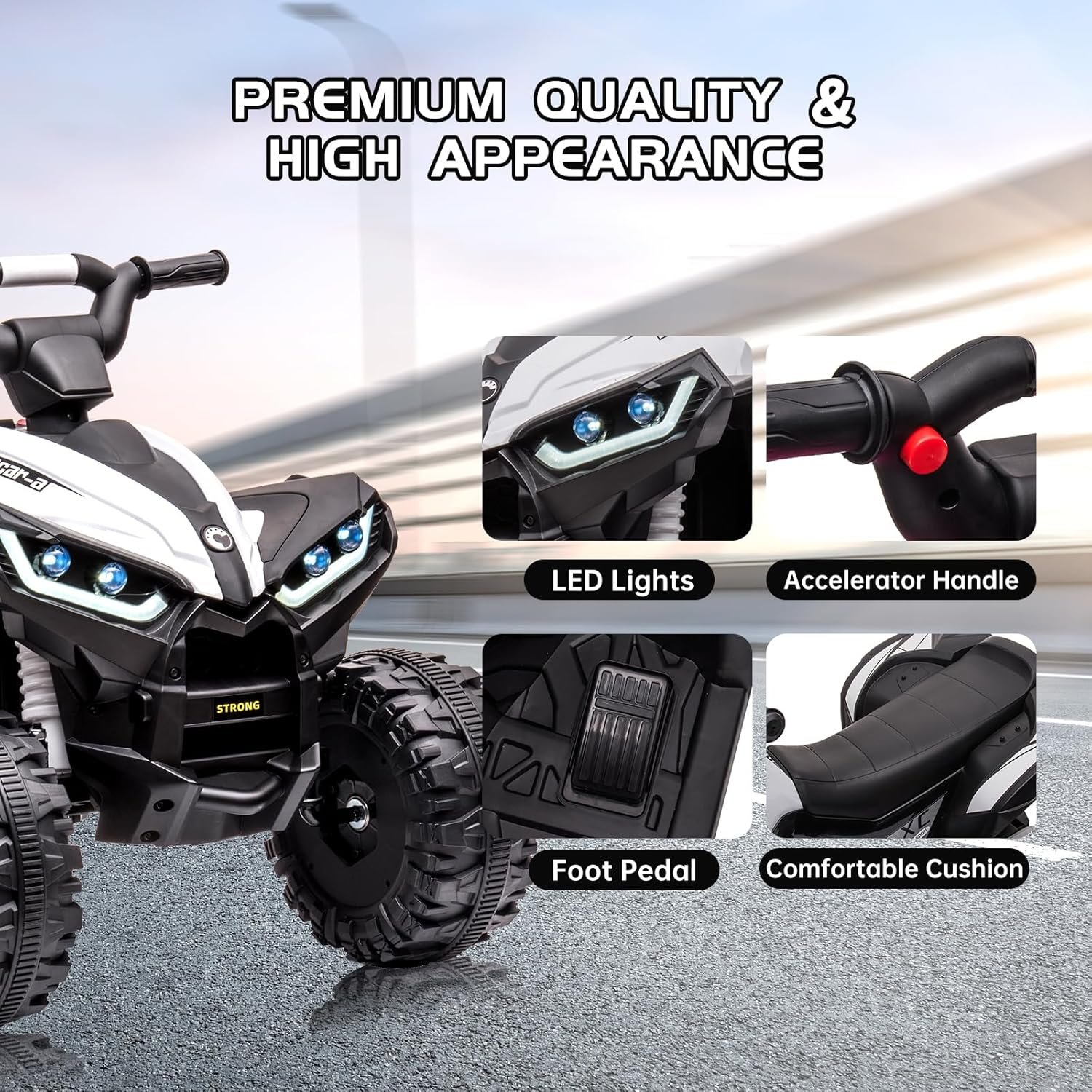 Aptliton Kids Electric Quad Bike 12V, Ride On Car ATV Toy with Remote Control, Music, LED, Horn, 2 Speed, for Ages 3-5 Years, 83 x 53 x 56 cm (White) - Image 2