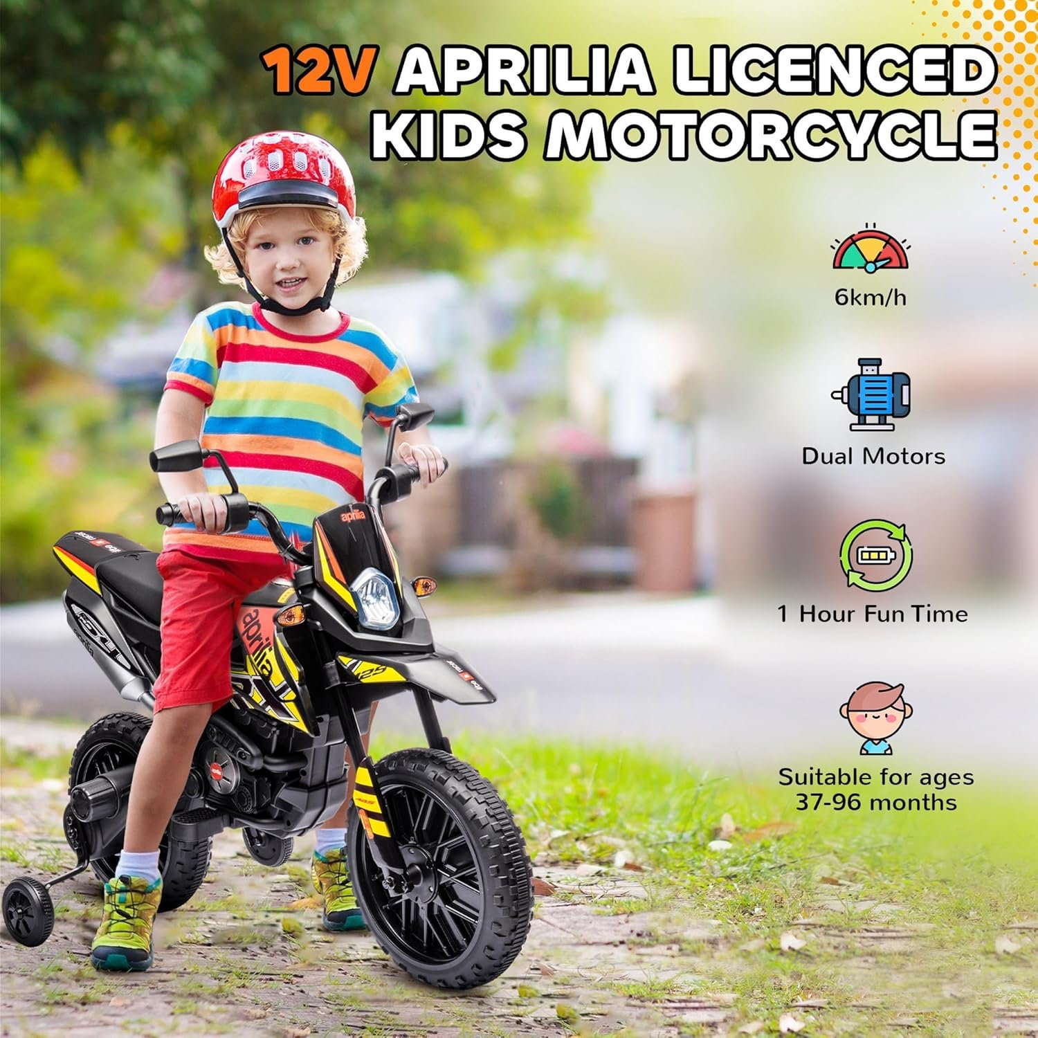AIYAPLAY 12V Kids Motorcycle, Aprilia Licensed Electric Motorbike with Training Wheels, Spring Suspension, LED Light, Music, USB, Kids Electric Bike for Boys, Girls, Yellow/Black - Image 3