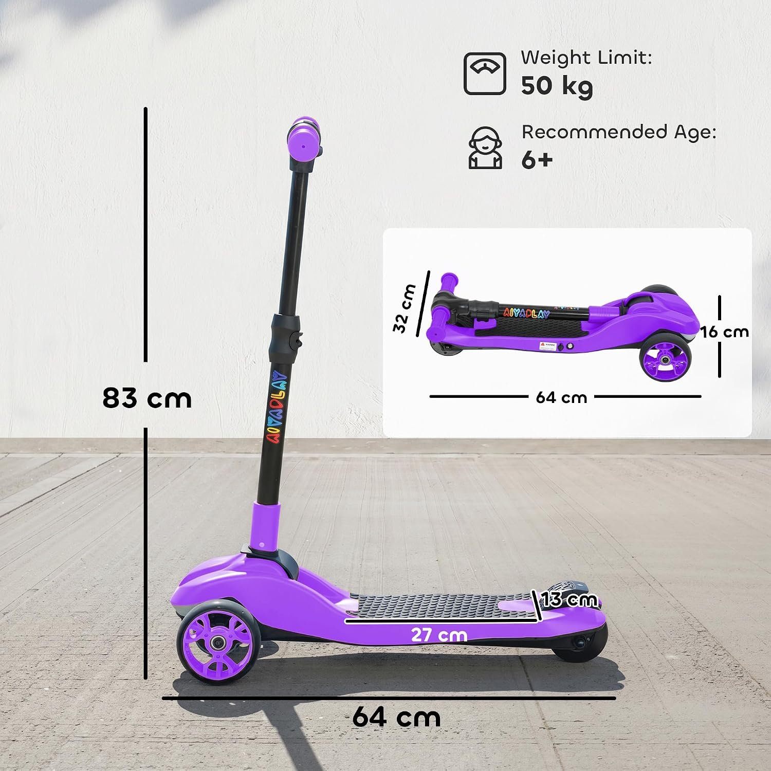 AIYAPLAY Electric Scooter for Kids, 3 Wheel Foldable Kids Scooter for Age 6-10 with 4 Levels Adjustable Height, LED Lights, Up to 6km/h, Maximum Range 8km, 4.8kg Lightweight for Boys and Girls - Image 7