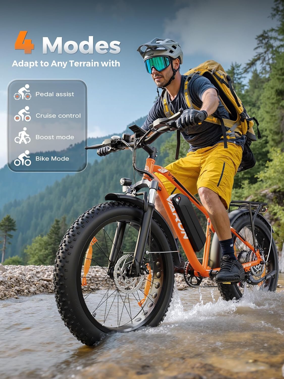 VARUN Electric Bike, 26" 4.0 Fat Tire Mountain Ebike for Adult, 48V 18Ah Battery, 150KM Long Range, 250W 80Nm Motor, Rear Rack, Max 330LBS, 7 Speed, All-Terrain Electric Bicycle for Off Road & Commute - Image 6