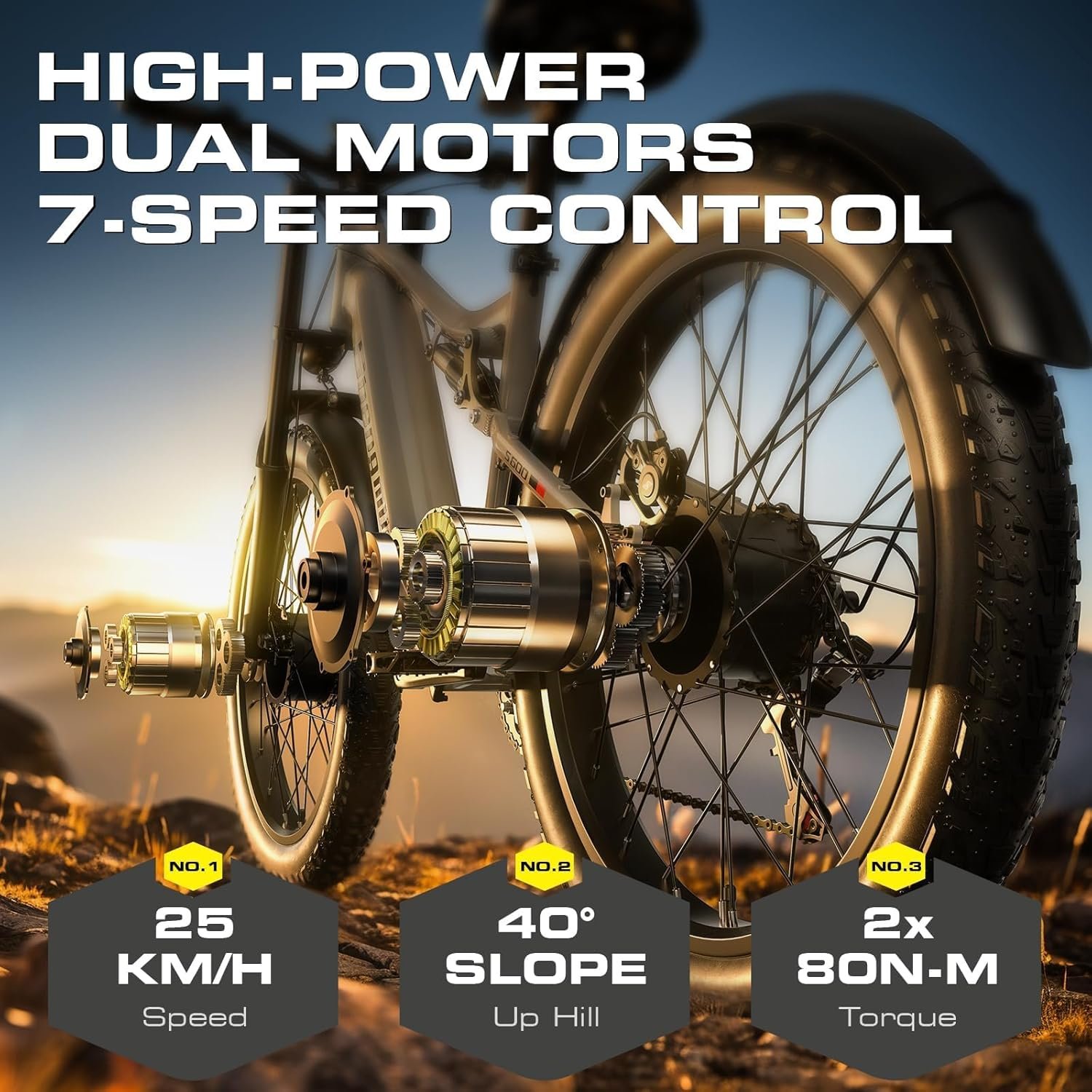 Sheng-milo Electric Bike S600 E-Mountain E Bike Dual Motor Electric Motorbike 26Inch Fat Tire e-bike 48V 17.5AH Battery with Removable Li-Ion Battery and 7 Speed Gear for Adults-Men(UK Warehouse) - Image 5