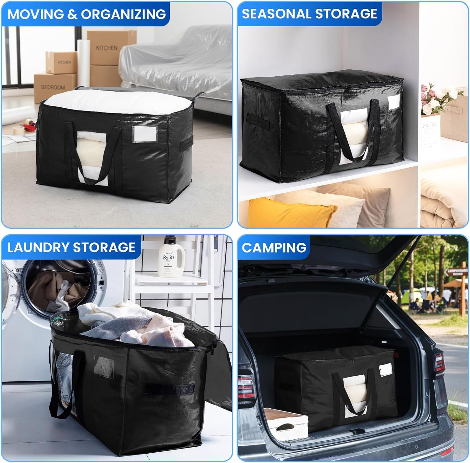 TAILI Moving Bags Extra Large Heavy Duty 4 Pack Storage Bags with Zips, Clear Window & Reinforced Handles, Black Storage Bags with Lid for Clothes,Moving,Travel,Beddings,Duvets - Image 9