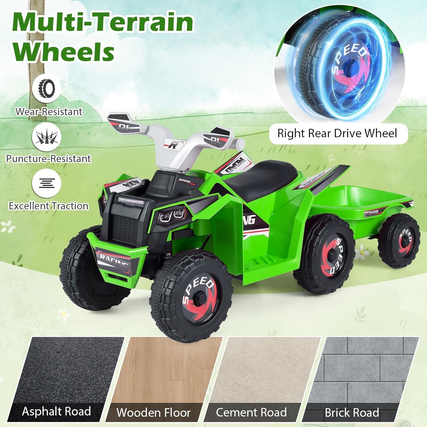 COSTWAY 6V Kids Electric Ride on ATV Car, Battery Powered Quad Bike with Removable Back Trailer, 4 Wear-Resistant Wheels, Forward/Backward/Reverse Button, for Boys Girls 3+ Years Old (Green) - Image 4