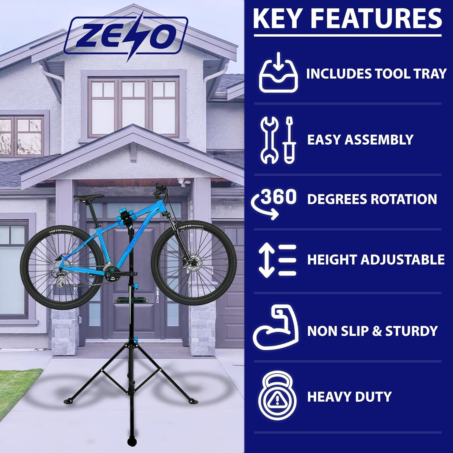 ZENO Bike Stand | Bike Repair Stand | Heavy Duty Folding Bicycle Workshop Stand | Height Adjustable Bike Rack | Mountain Bike Work Tool with a Front Wheel Stabilizer | 193CM - Image 2
