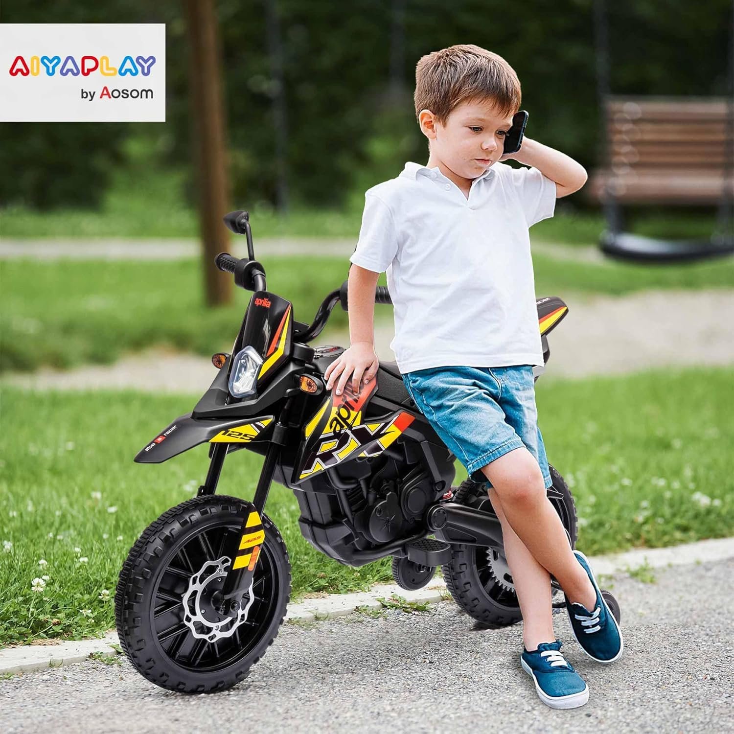 AIYAPLAY 12V Kids Motorcycle, Aprilia Licensed Electric Motorbike with Training Wheels, Spring Suspension, LED Light, Music, USB, Kids Electric Bike for Boys, Girls, Yellow/Black - Image 2