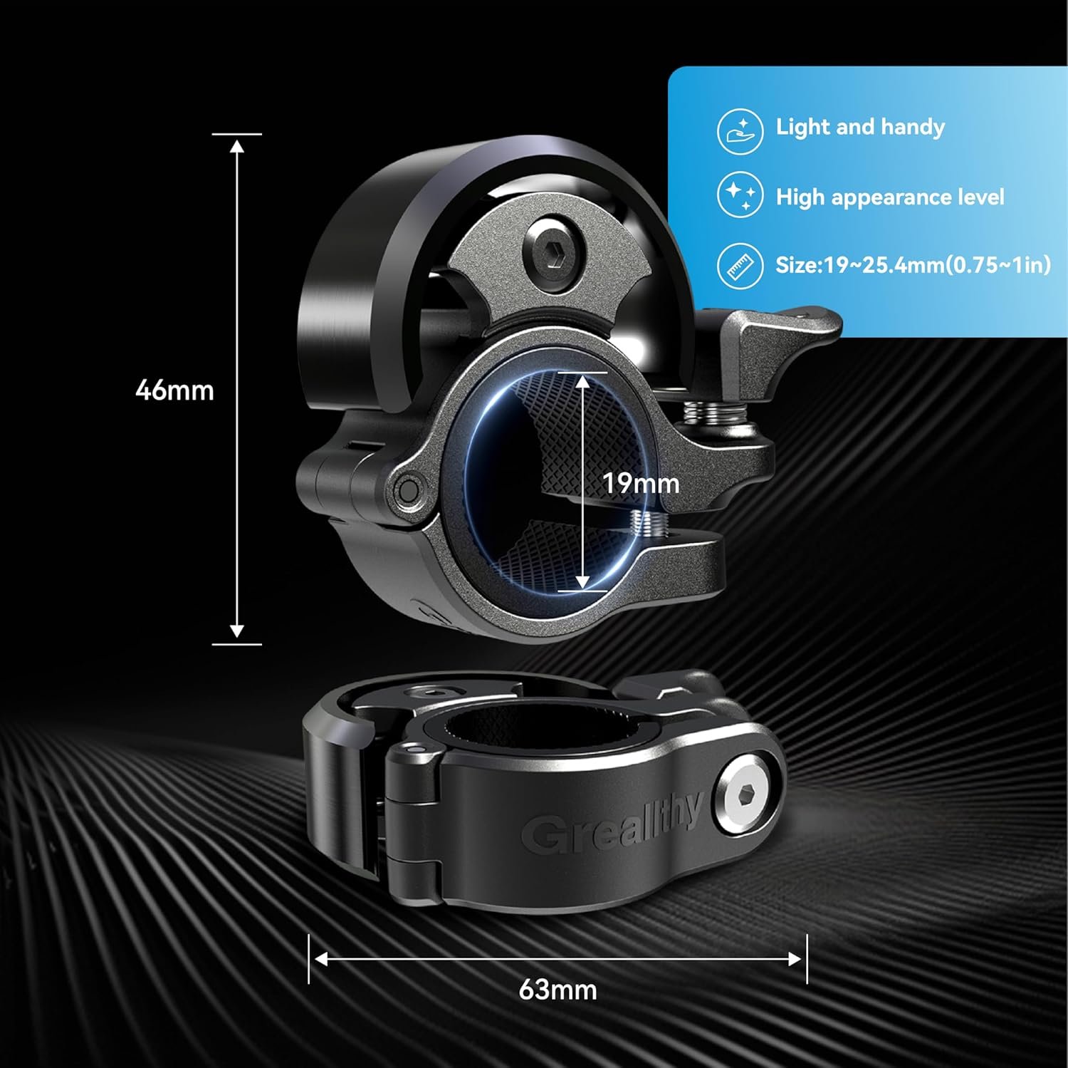 Greallthy Bike Bell - Aluminum Alloy, Clear Loud Sound - for Adults & Kids, Sturdy & Compact - Fits 0.75-1in (19-25.4mm) - Perfect for Kids/Folding/Most Standard Mountain Bikes Scooter. - Image 6
