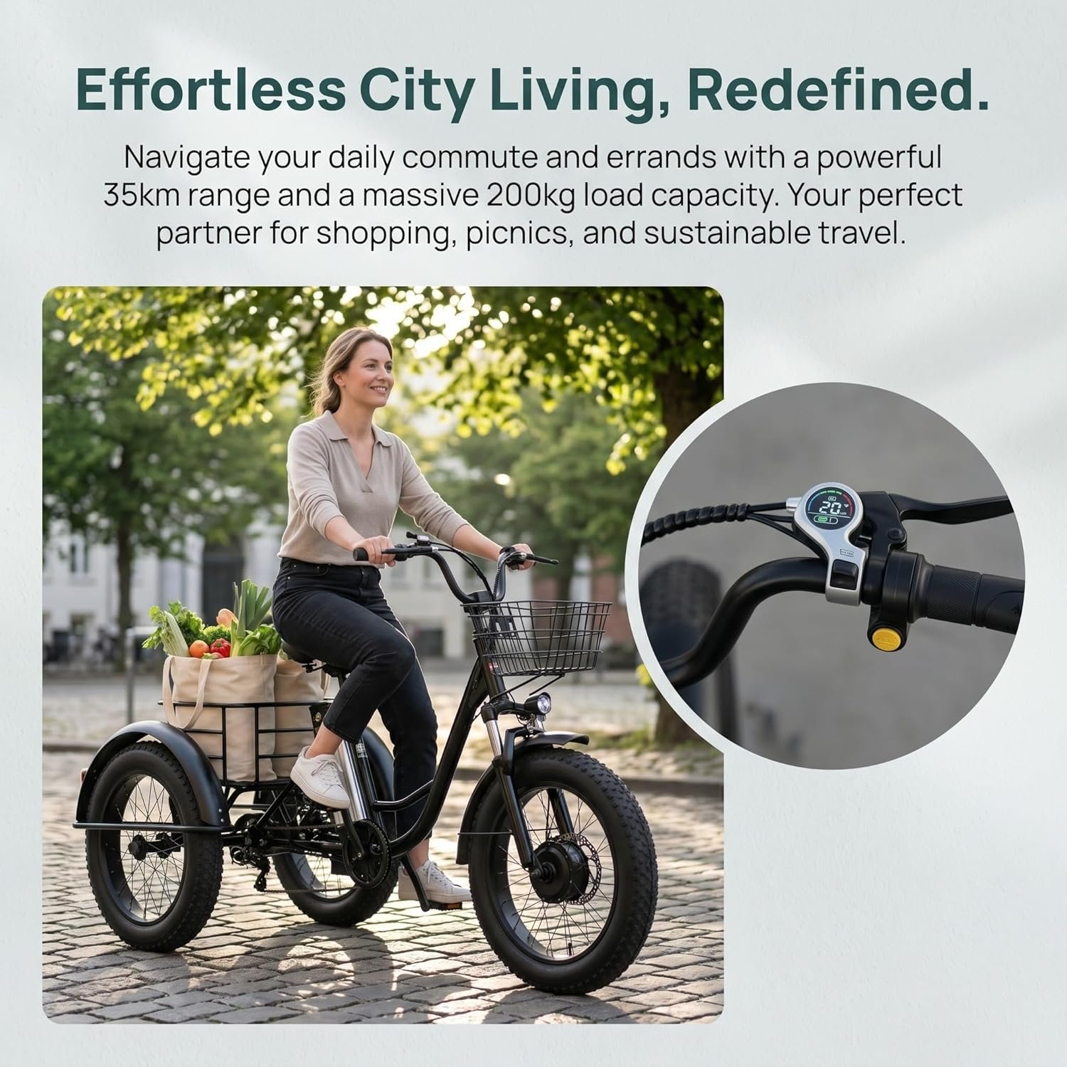 Adult Three-Wheeled Electric Trike - 48v/12ah Removable Battery, 20-Inch Electric Cargo Bike, Wide Tires, 35km Range, Perfect for Shopping and Picnics, Max Load 200kg - Image 2