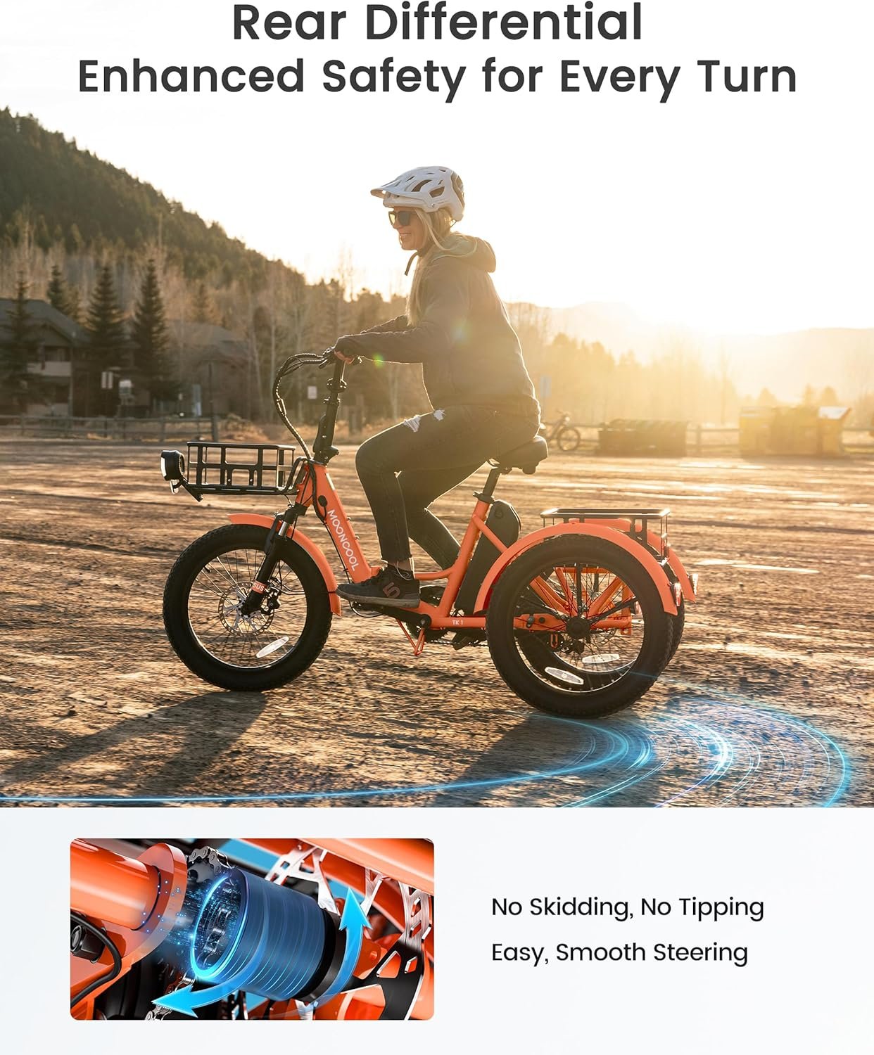 MOONCOOL Electric Tricycle for Adults, 20" Folding Electric Trike with 36V 20AH Removable Battery, 20"x3.0" Fat Tire 3 Wheel Electric Bike, Range 112KM, Aluminum Adult Tricycle with Differential - Image 9
