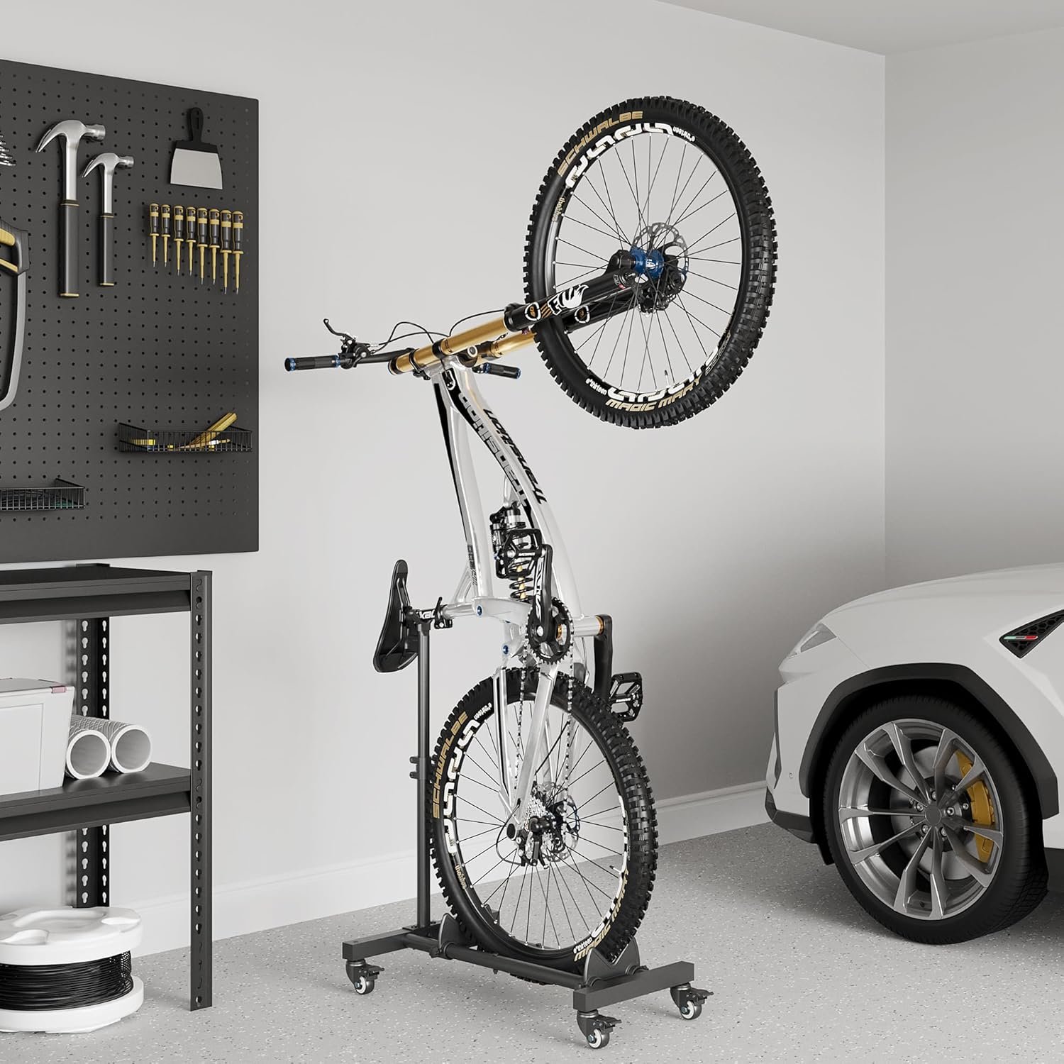 Sttoraboks Freestanding Vertical Bike Storage Stand with Wheels, Stable Floor Bike Racks for Garage/Apartment, Indoor Cycle Storage Rack, Adjustable Height, No Drilling Required, Max 10cm Tire Width - Image 2